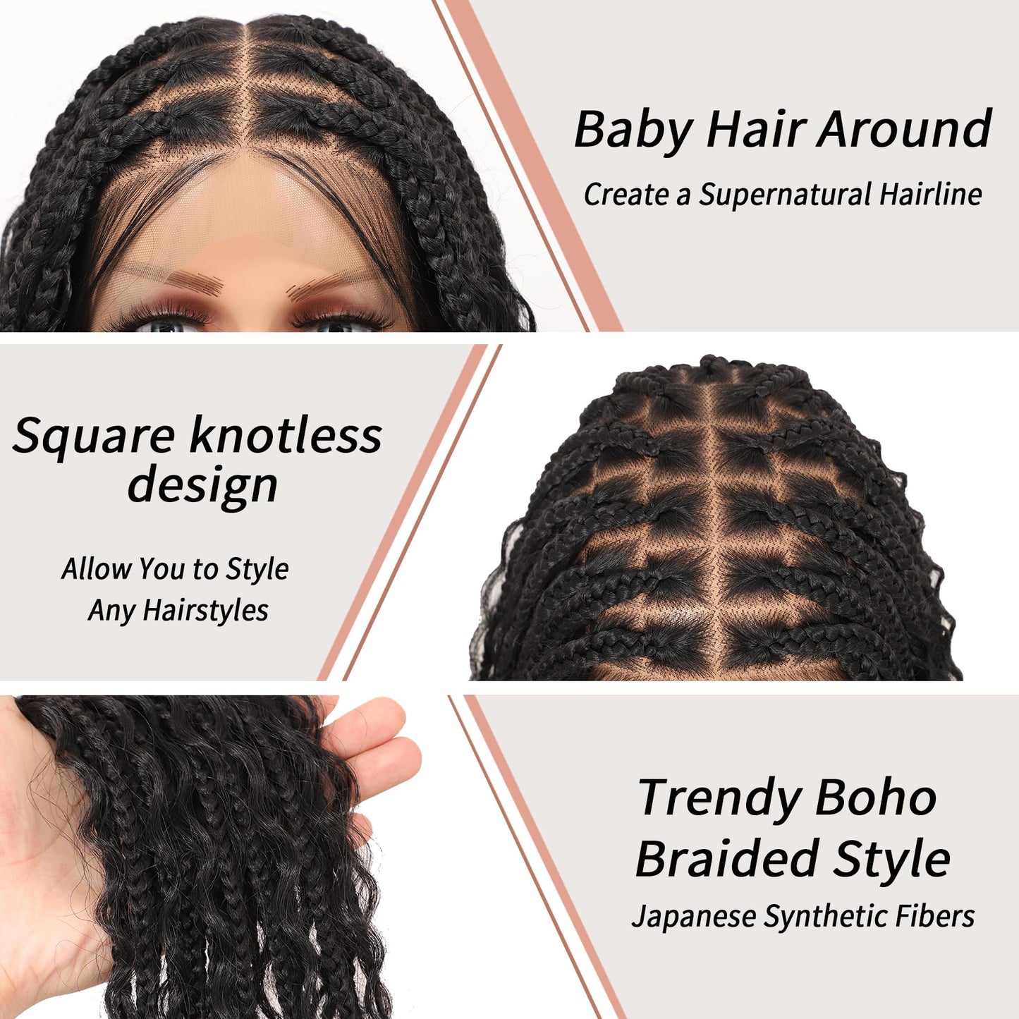 Lexqui 18" Short Boho Braided Wigs for Women 13x8 Inch Hd Lace Front Box Braid Wig Bob Knotless Braided Wigs with Curly End Braided Lace Front Wig Human Hair Blended Natural Black