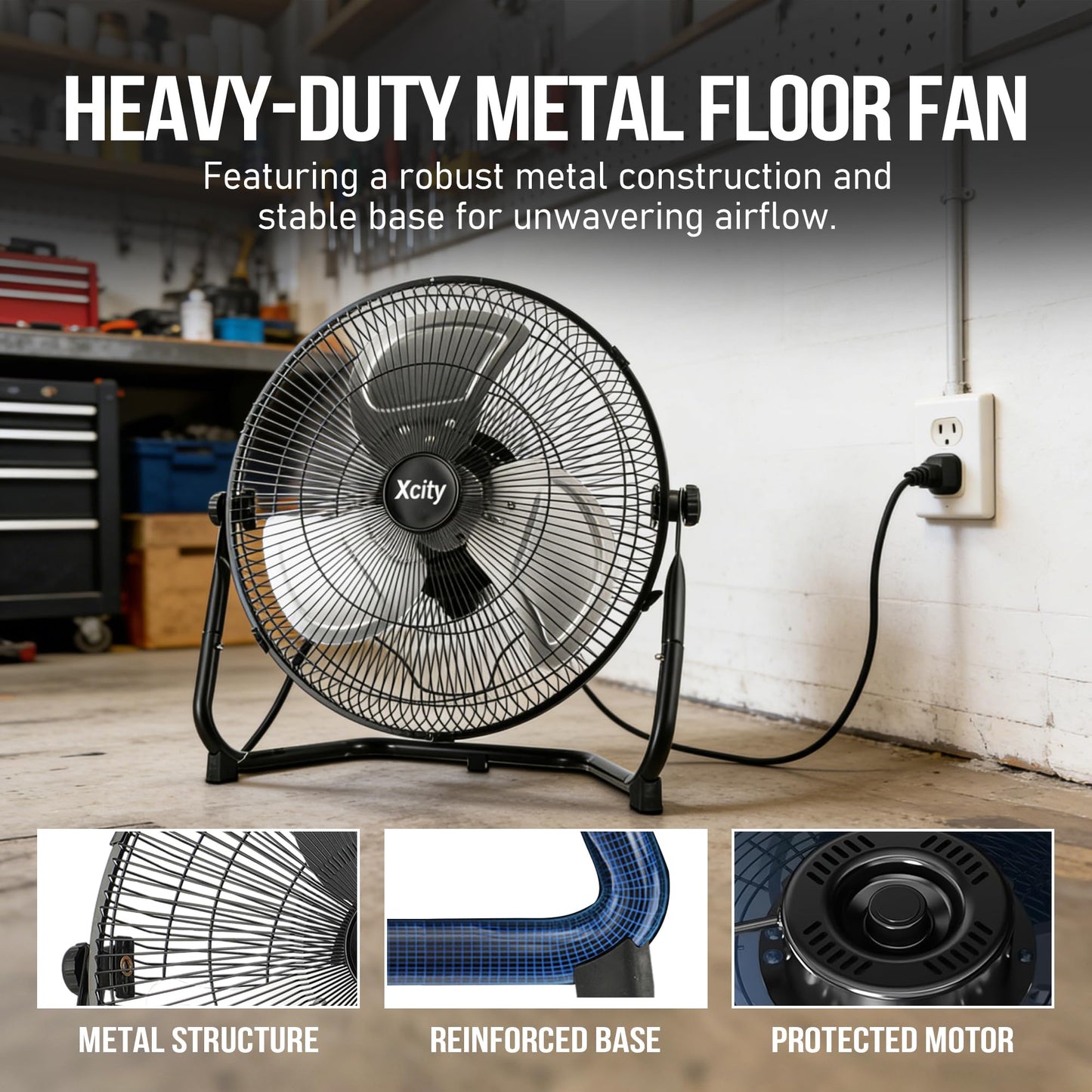 Xcity 20-Inch Metal Floor Fan, High Velocity 4650 CFM Industrial Fan, 3-Speed & 360° Adjustable Tilt, Heavy Duty for Garage, Commercial, Warehouse, Office & Home