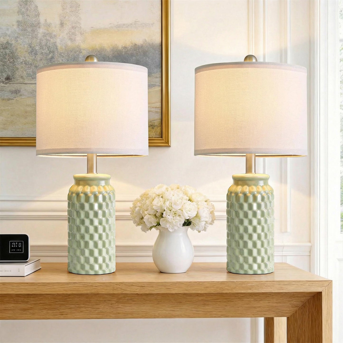 Vortether 20.5" Small Bedside Lamps Set of 2 with 5FT Cord, Green Ceramic Modern Farmhouse Table Lamps for Nightstand, Living Room, Bedroom, 3D Honeycomb Stylish End Table Lamps(Bulb Not Included)