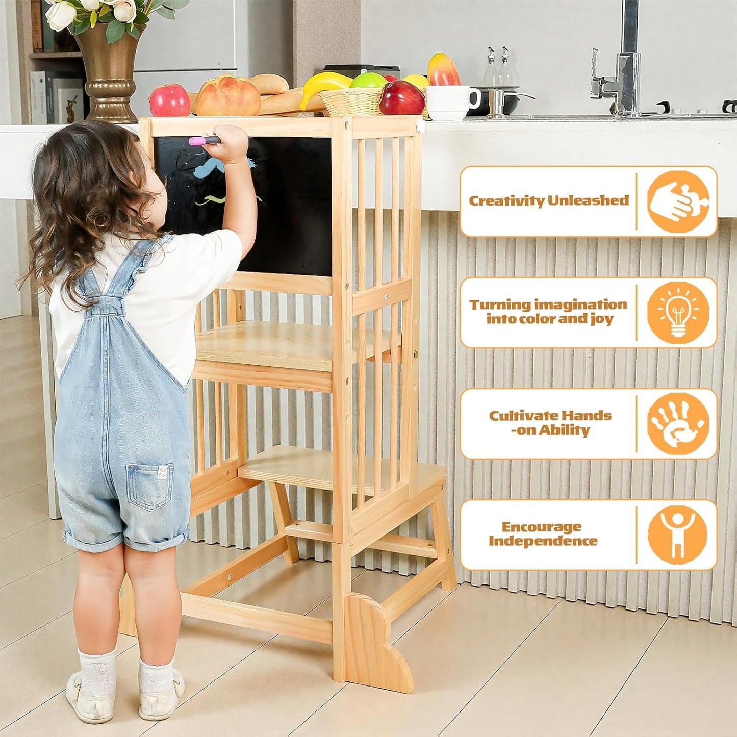 Toddler Step Stool, Kitchen Tower for Toddlers, Adjustable Height Children's Wooden Kitchen Stool, Kids Tower for Learning with Removable Safety Railing, Ages 18 Month to 3 Years(Wood)