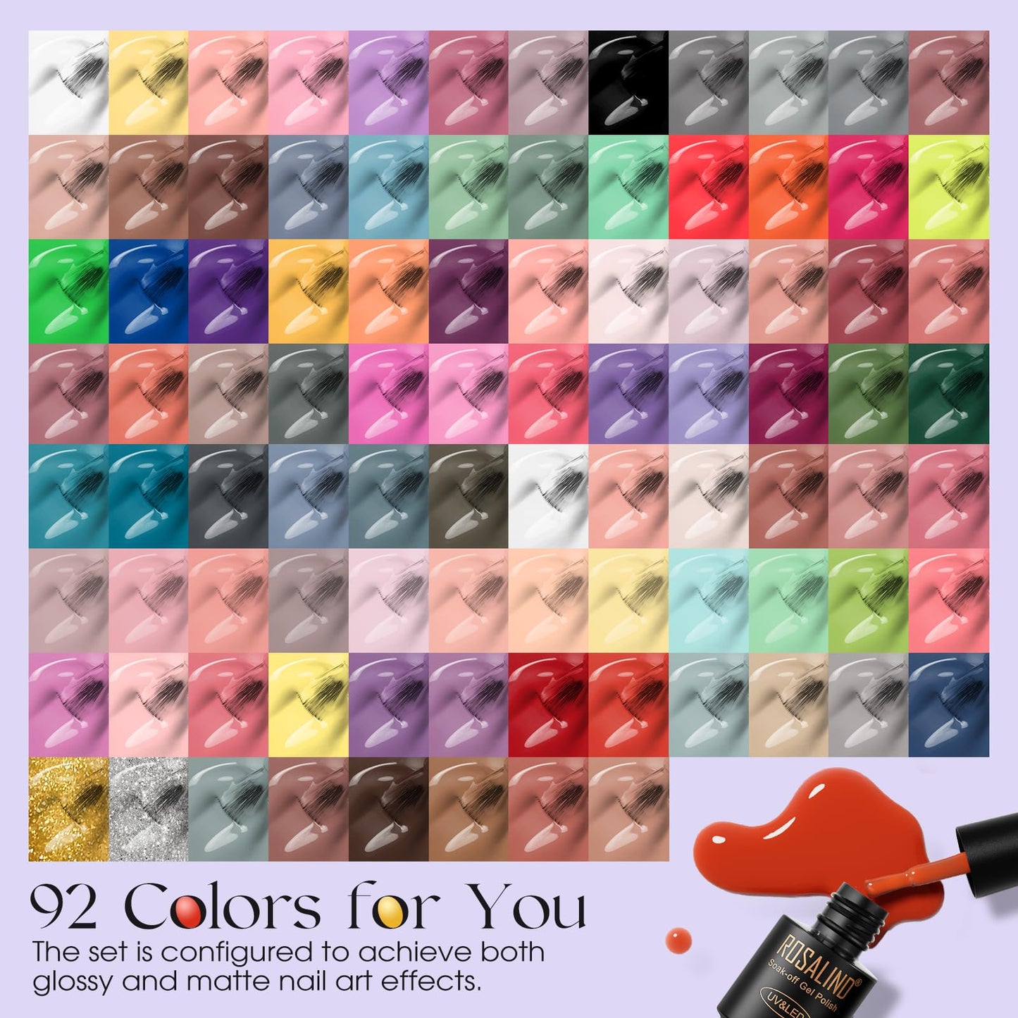 ROSALIND 100PCS Gel Nail Polish Set, 92 PCS Colors Gel Polish Set with 8 Bottles of Base and Glossy Matte Top Coat Starter Gel Nail Set Suitable for All Seasons Gift for Women