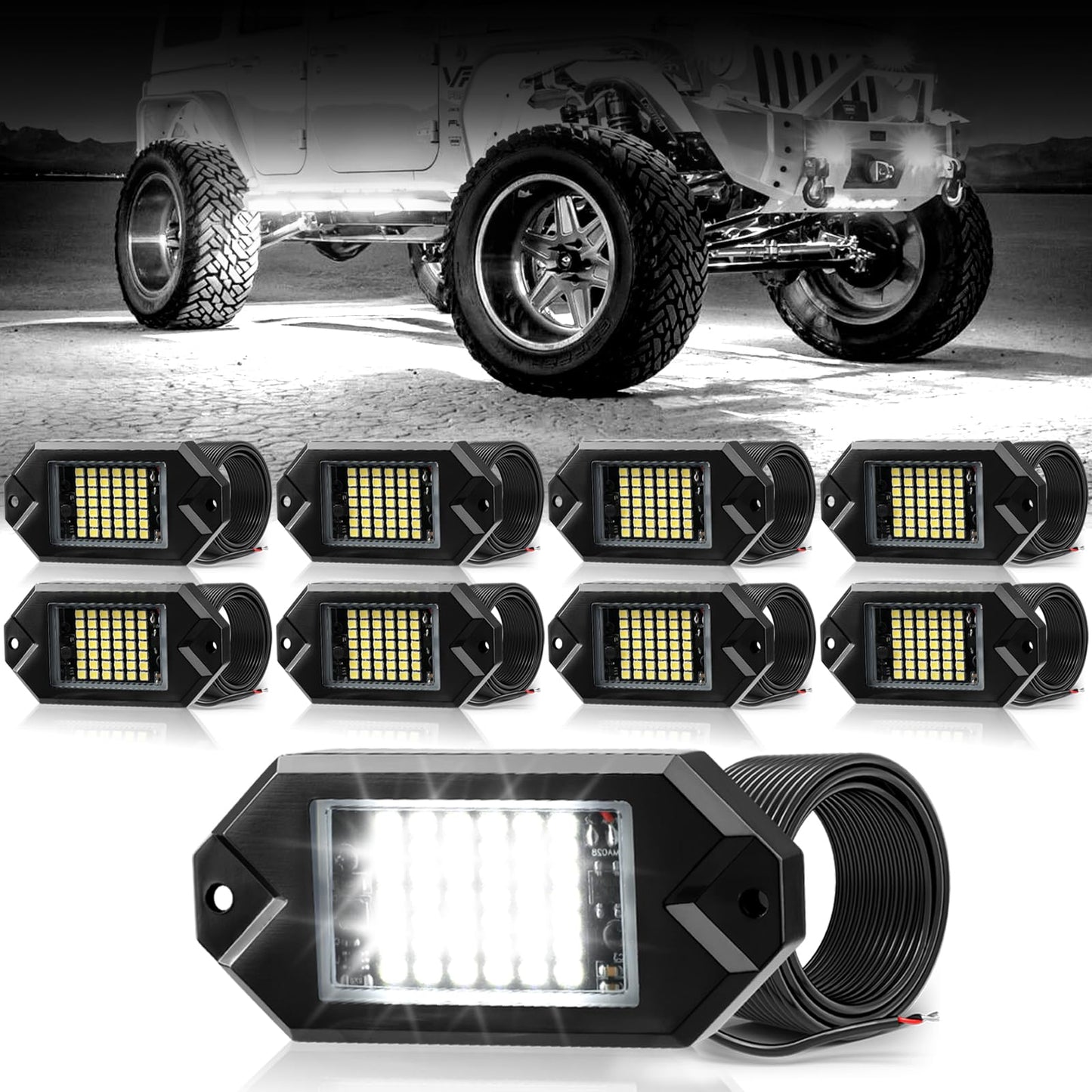 Hovano 8Pods White Rock Lights 6000K Pure White Color 42 LED Super Bright Chips with 10ft Extension Wires,IP68 Waterproof Underglow Kit for Pickup Off Road Trucks SUV ATV UTV Golf Car Boat