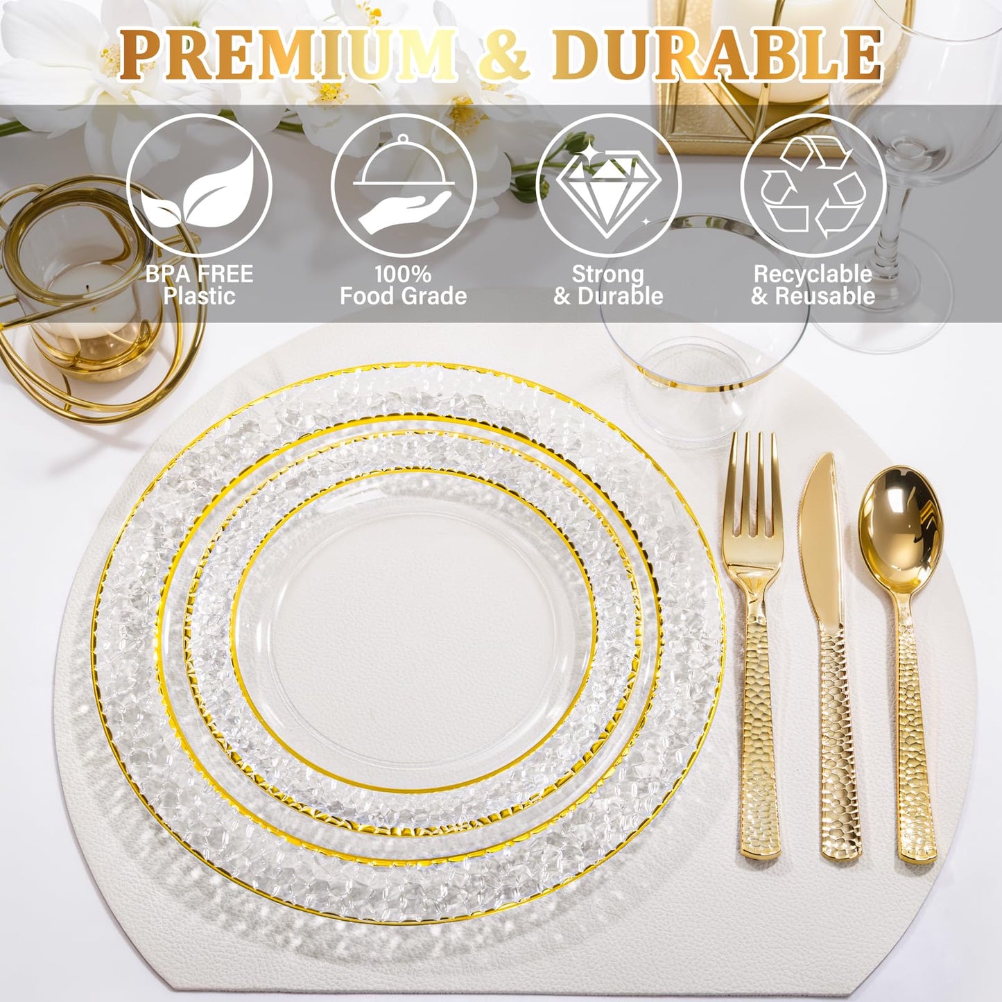 Nervure 102PCS Gold Plastic Plates - Disposable Clear Gold Party Plates Include 51PCS 10.25inch Dinner Plate & 51PCS 7.5inch Dessert Plate Perfect for Wedding & Party & Thanksgiving