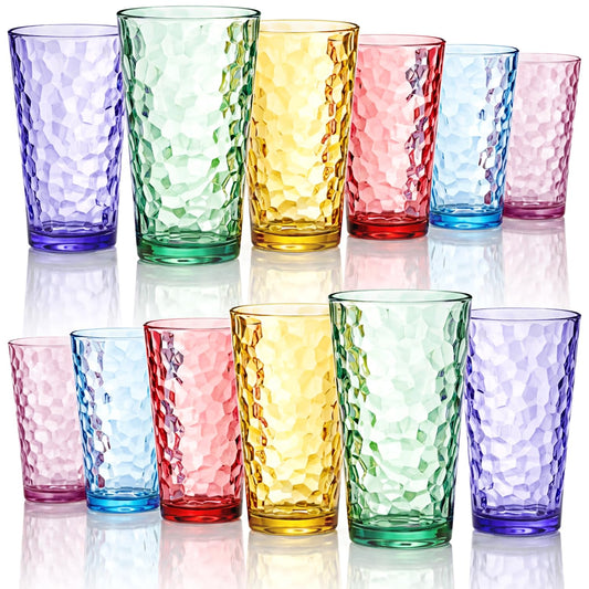 Bravario Hammered Plastic Drinking Tumbler, Dishwasher-Safe Premium Quality Water Glasses, BPA-Free Reusable Mixed Colors Assorted Stackable Cups, 22 oz Set of 12