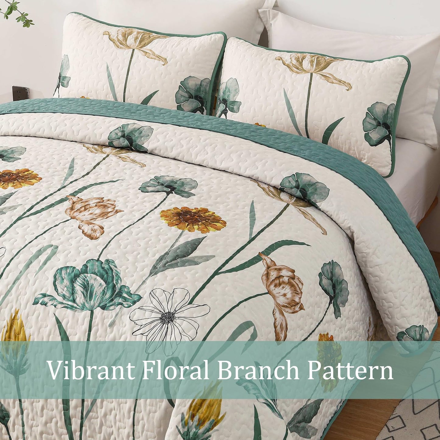 WONGS BEDDING Floral Quilt Set Queen,Green Yellow Floral Botanical Bedspread Bedding Set with 2 Pillowcase,Spring Summer Lightweight Farmhouse Coverlet Set for All Season (96"x90")