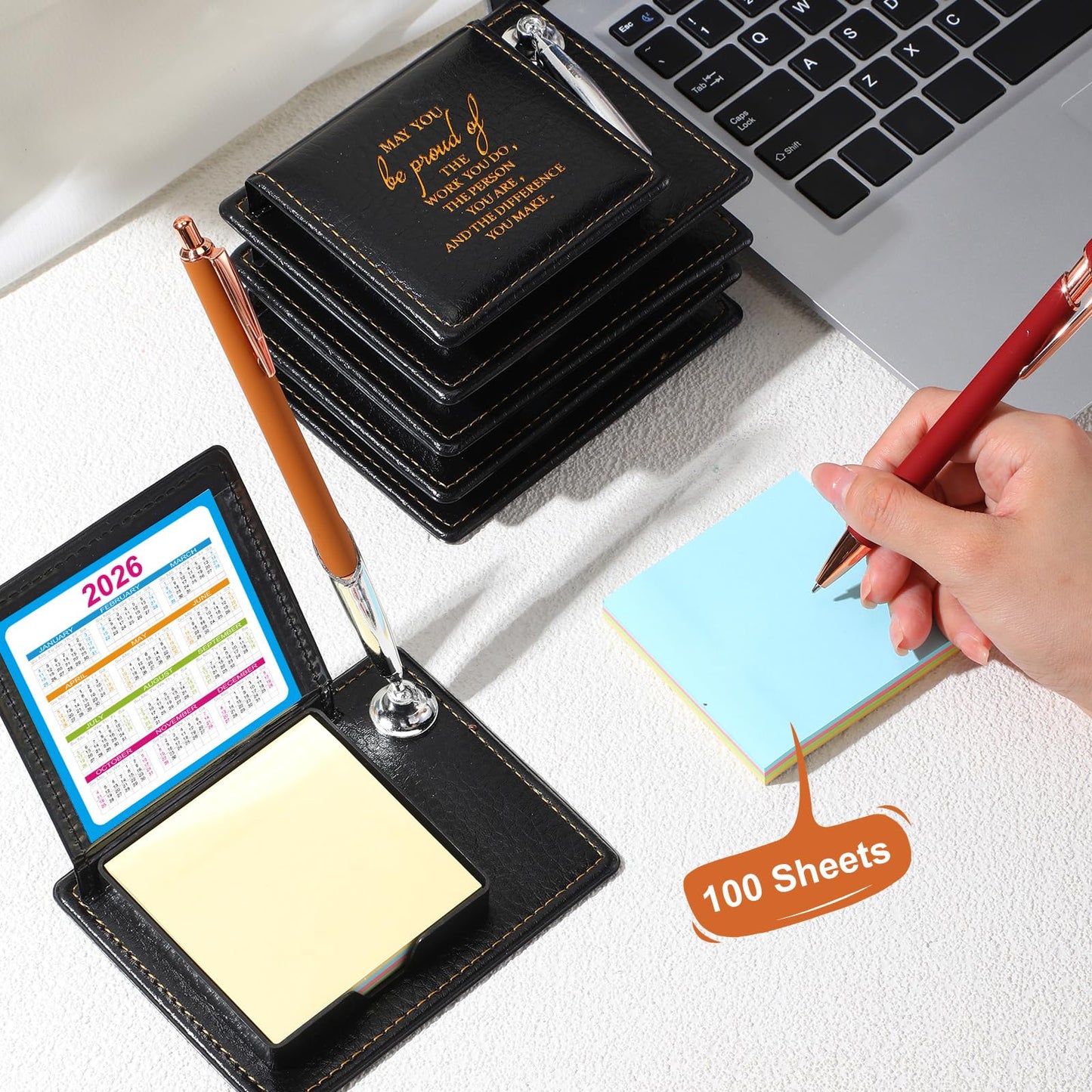 Tenceur 20 Pcs Appreciation Sticky Note Holder Gifts Bulk, Inspirational Thank You Sticky Note Holder, PU Leather Memo Box with Calendar for Women Men Emoloyee Coworkers Office Team