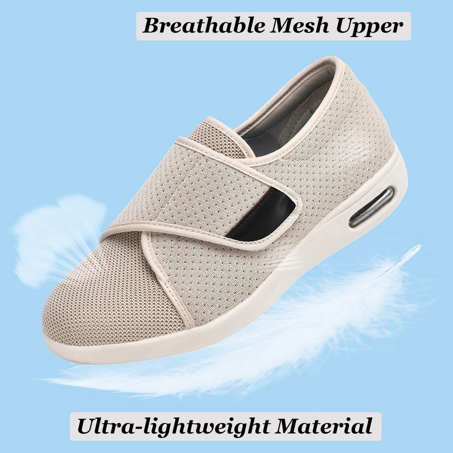 W&LESVAGO Women's Wide Width Diabetic Walking Shoes with Adjustable Closures,Non-Slip Lightweight Sneakers with Classic Air Cushion for Diabetic Edema Plantar Fasciitis(7#, Beige)