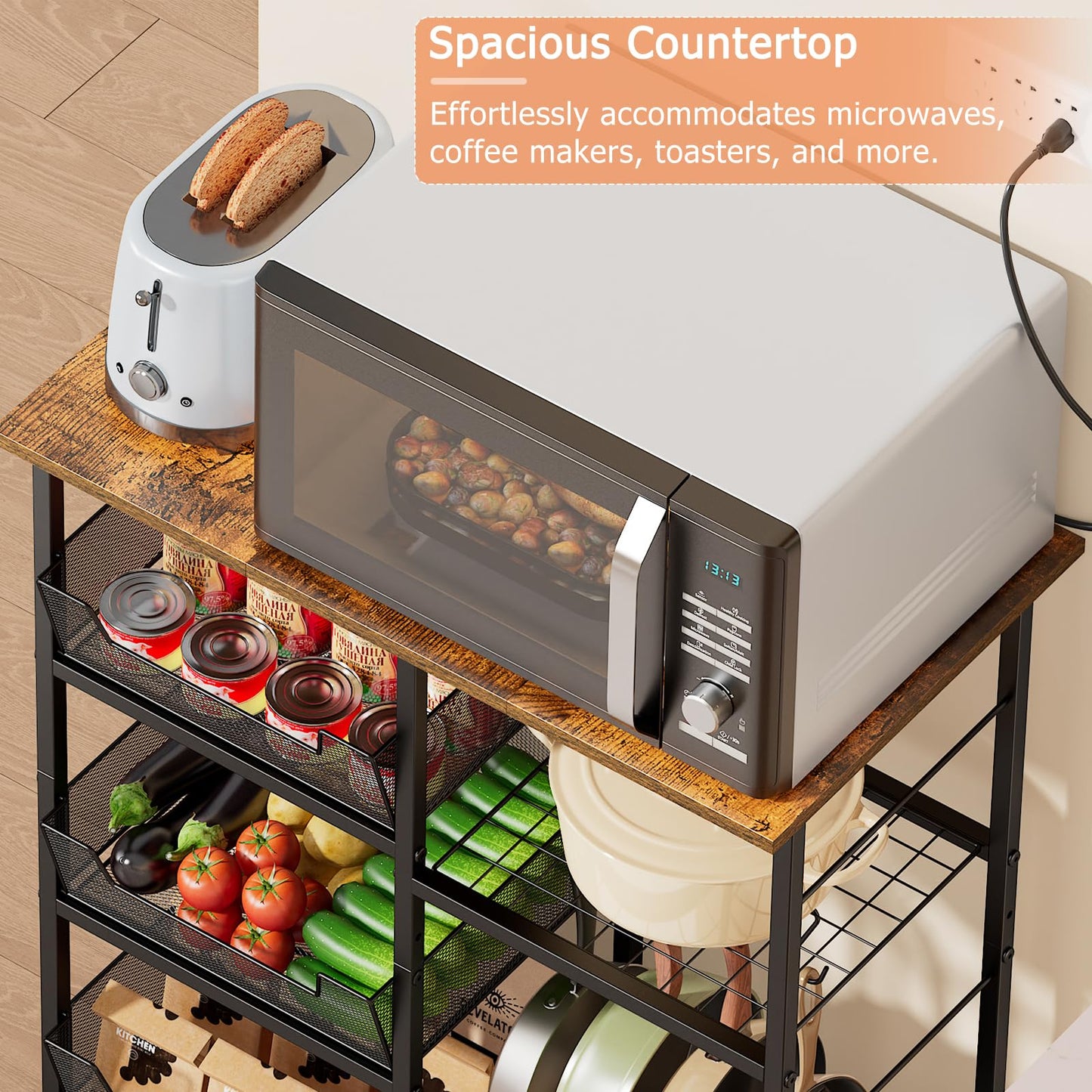 Rolling Kitchen Storage Microwave Cart, Kitchen Island with Adjustable Shelf on Lockable Wheels, Countertop 27.75"L × 15.35"W, Bakers Rack with Tilt-Out Baskets, for Kitchen, Coffee Bar, Living room