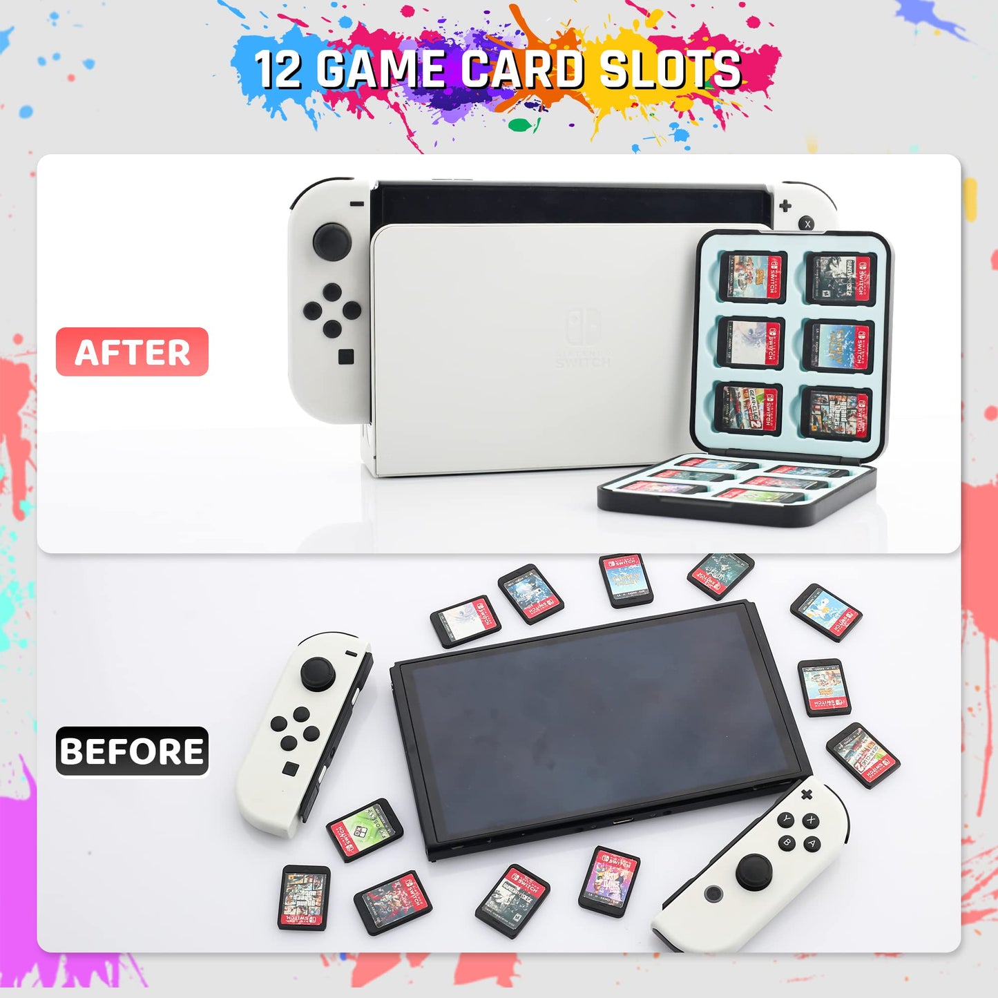 RHOTALL Blue Carrying Case for Nintendo Switch & Switch OLED Cover for splatoon 3, Hard Portable Travel Case for Switch Game Accessories Bundle Kit with Game Case and 2 Thumb Caps - for boys girls