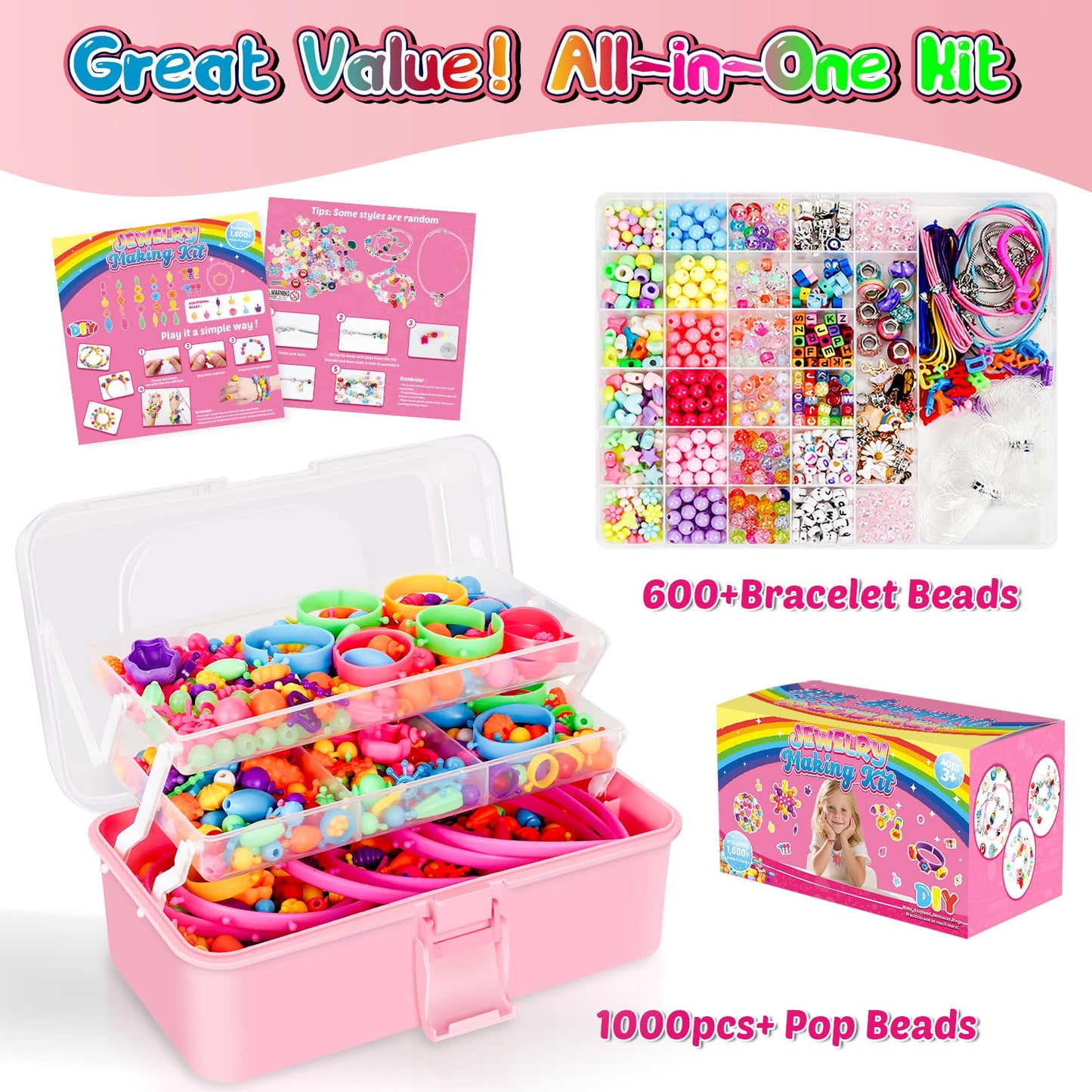FUNZBO 1600 Pcs Pop Beads with Bracelet Making Kit, Jewelry Making Kit for 3 4 5 6 7 8 9 Year Old Little Girls, Arts and Crafts Toys for Kids, Necklace Bracelet Ring Creativity Holidays Birthday Gifts