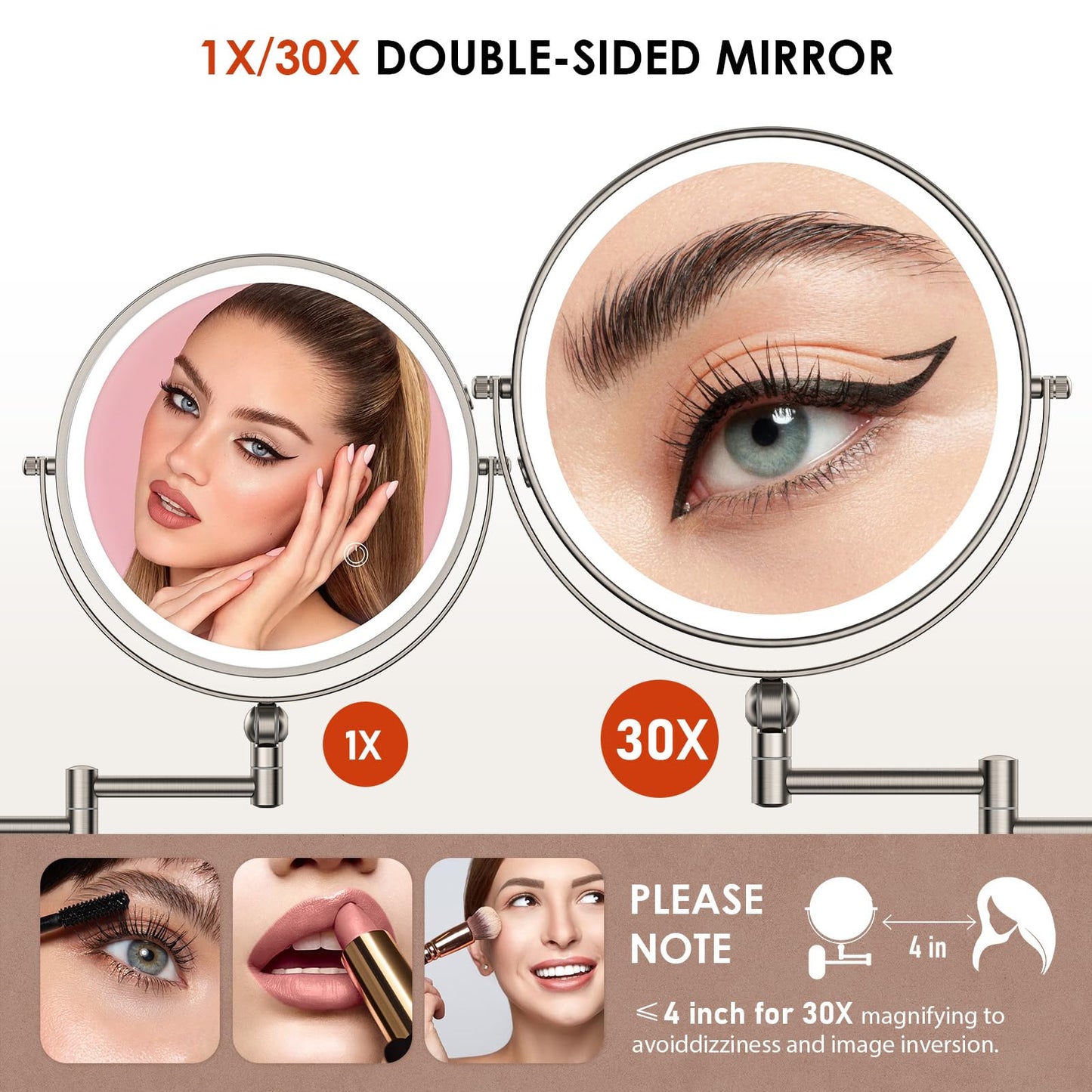 ZLOKLA 9" Wall Mounted Lighted Makeup Mirror,4000mAh Rechargeable Double Sided 1X/30X Magnifying Mirror with Light,Touch Dimmable,Extended Arm 360 Rotation Wall Mounted Makeup Mirror 3 Color Lights-N