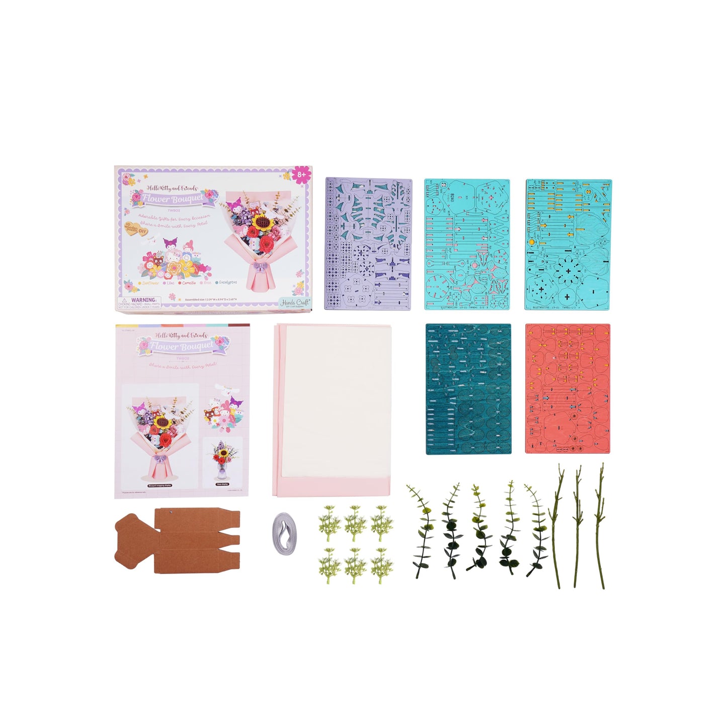 Hands Craft Hello Kitty Bouquet 3D Wooden Puzzle Kit | DIY Floral Model | Arts & Crafts for Adults & Kids | Creative Hobby Kits | Hello Kitty Characters | Wood Building Set | Lovely Gift