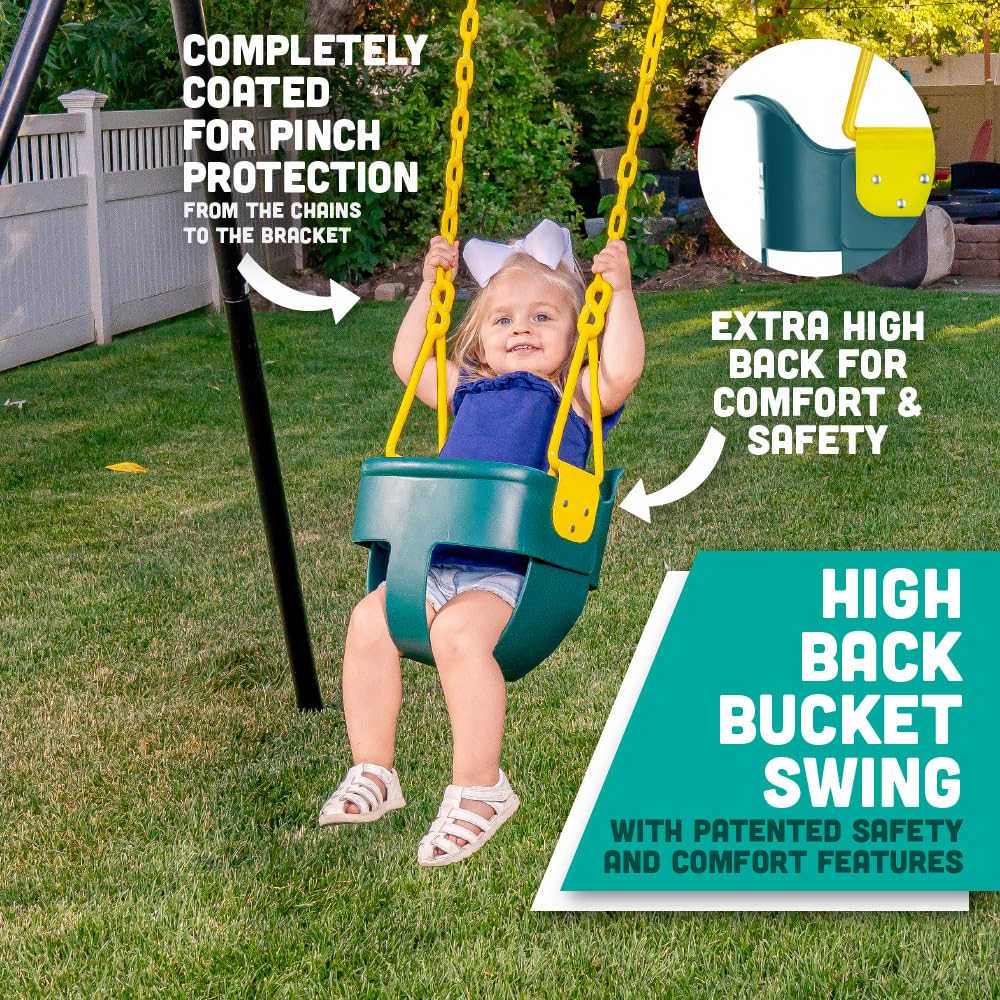 Premium High Back Full Bucket Toddler Swing Seat with Finger Grip, Plastic Coated Chains for Safety and Carabiners for Easy Install - Green - Squirrel Products