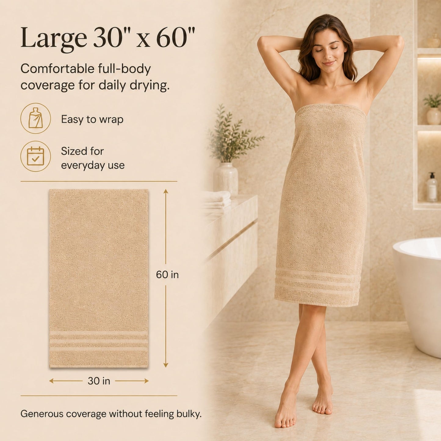 Velqora Bath Towels 4 Pack, 30 x 60 Inches, Large 100% Cotton Towels, Soft, Absorbent, Comfortable for Home, Spa, and Gym, (Pink,Gray,Beige,Blue)