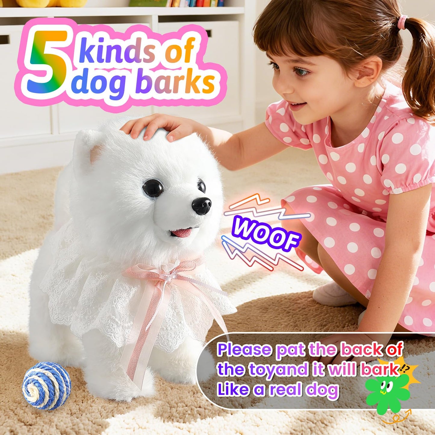 Walking Barking Singing Samoyed Puppy Toy, Repeats What You Say, Realistic Licking Tongue Wagging Tail Mechanical Dog with Touch or Voice Control, Interactive Music Dancing Plush Pet for Kids
