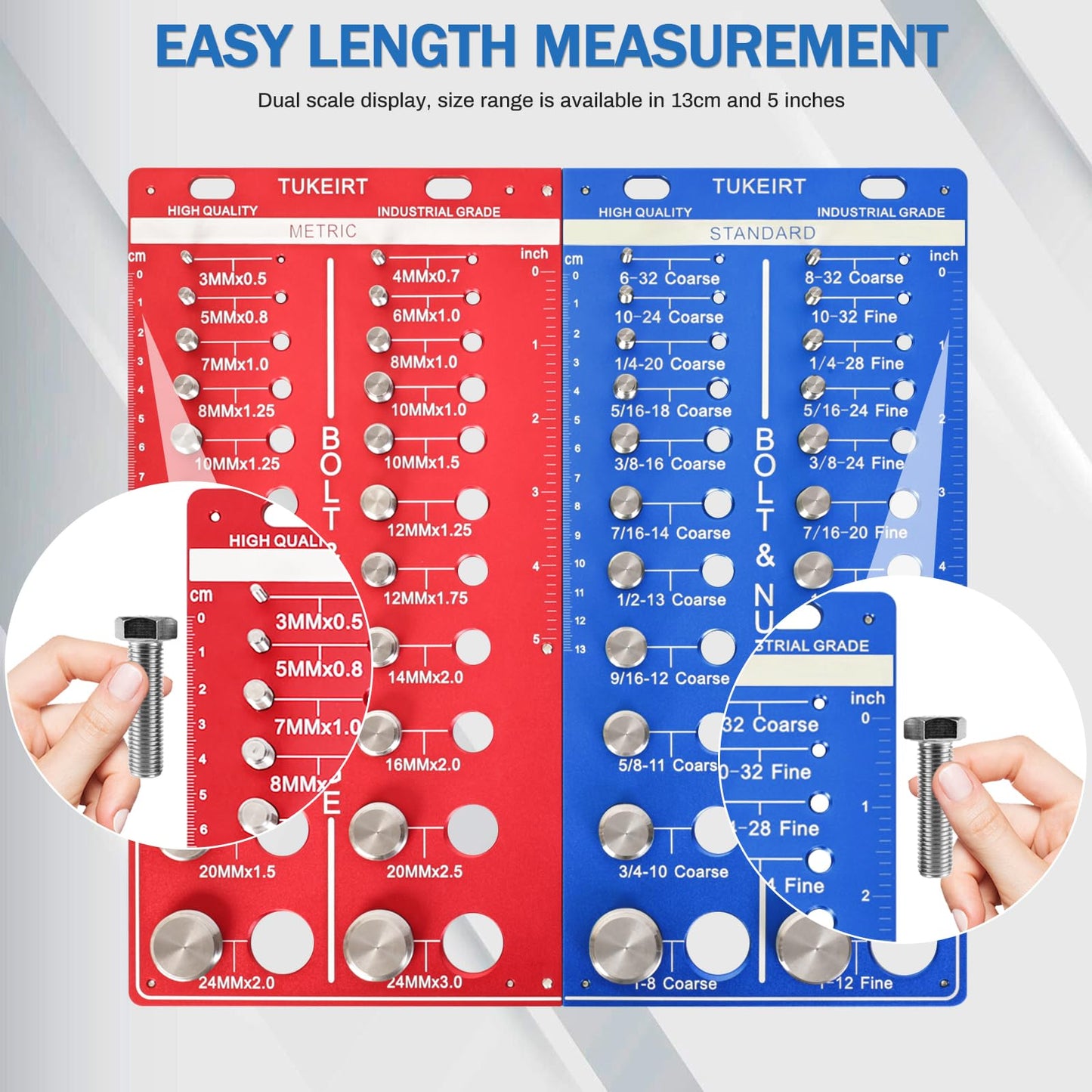 44 Nut and Bolt Thread Checker, 2 in 1 Bolt and Nut Identifier Gauge, Bolt Size and Thread Gauge with Metric and Standard,Inch and Centimeter Double Scale (Red + Blue)