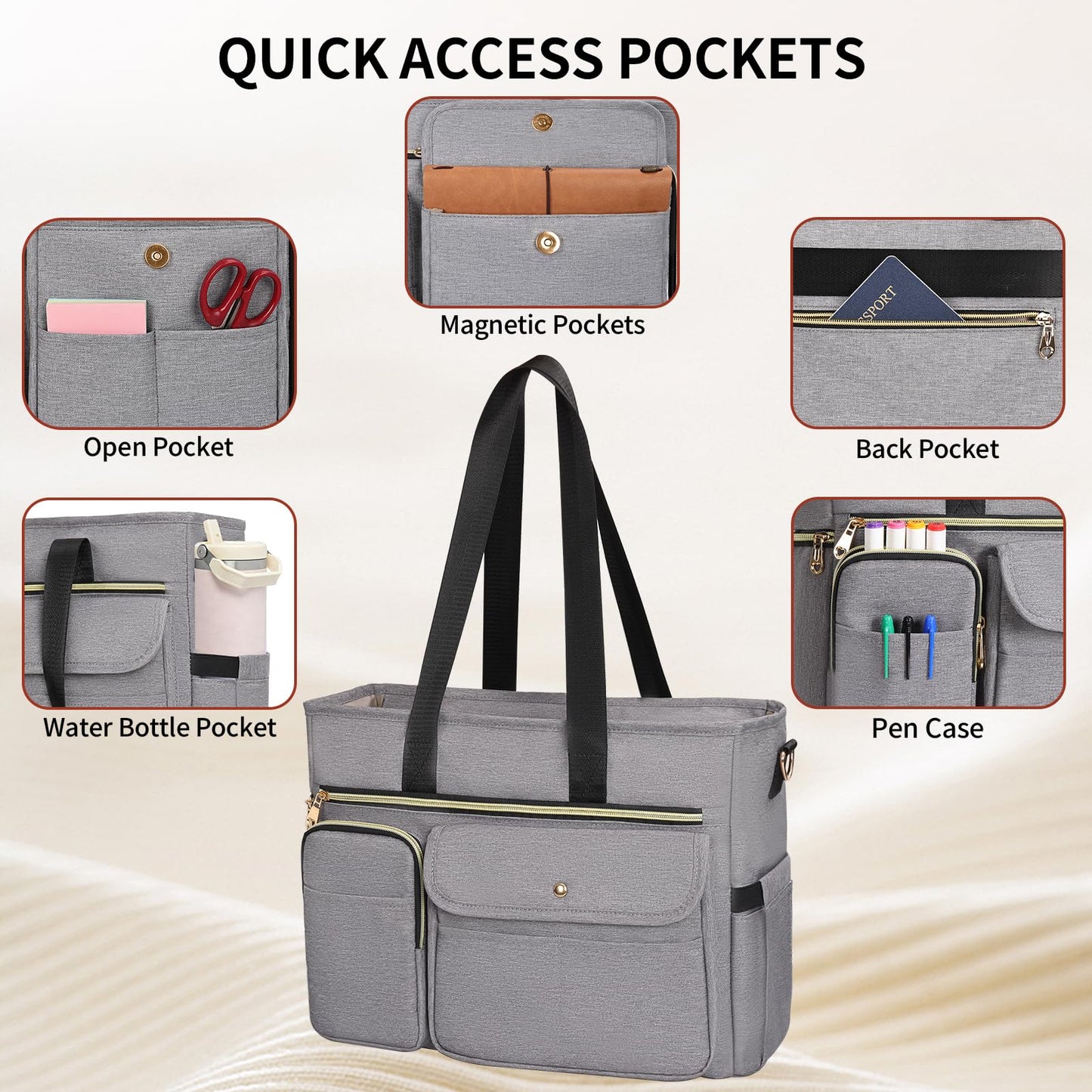ESTARER Teacher Tote Bag for Women 2Pcs, 15.6'' Laptop Work Bag Computer bag w/Expandable File Folder, Large Water-Resistant Messenger Shoulder bag w/Insulated Pocket for Office/Travel/College, Grey