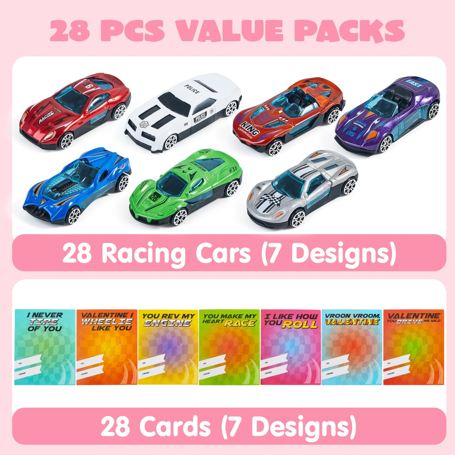 JOYIN 28 Valentines Day Cards with Die-Cast Racing Cars for School Classroom Exchange