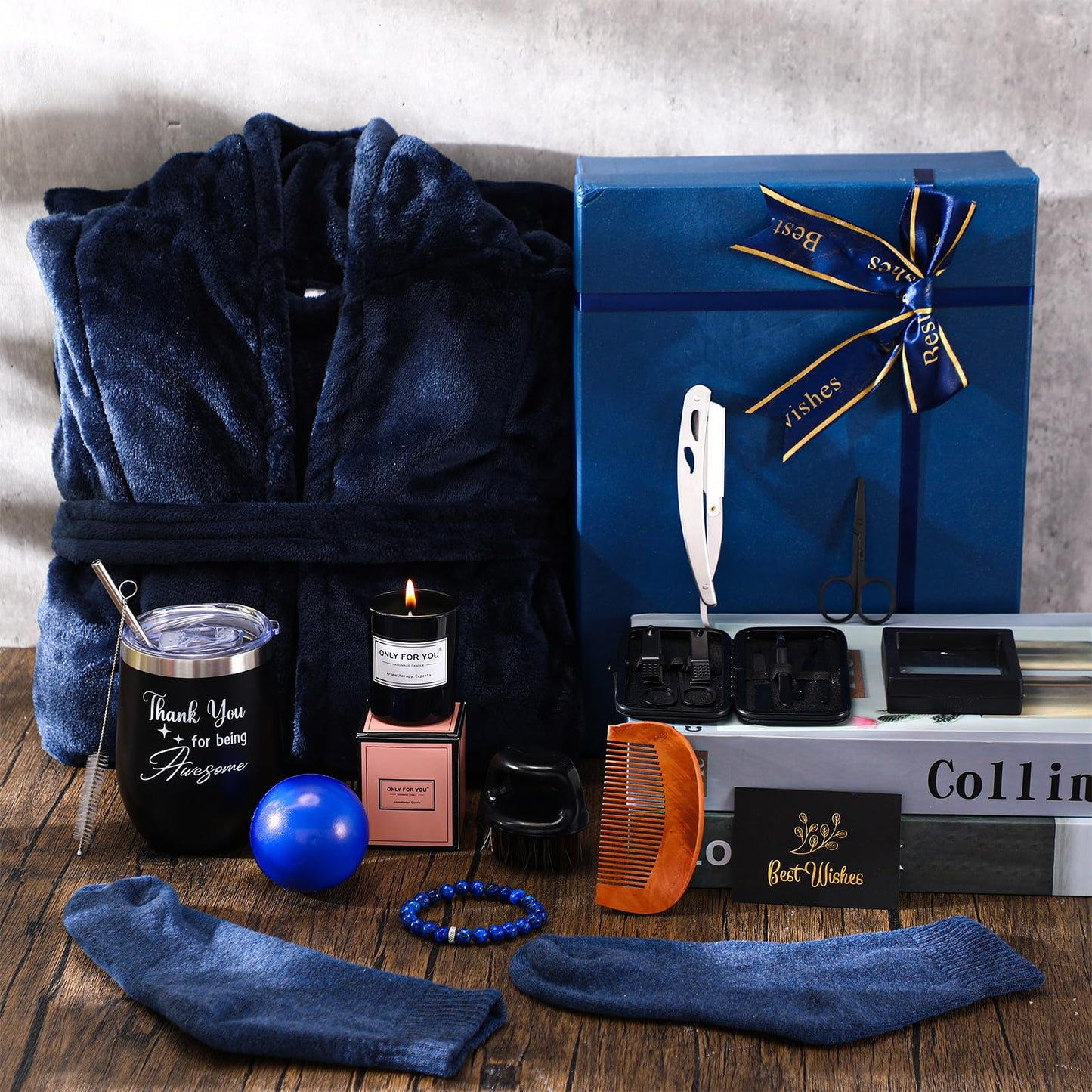 Nuogo 15 Pcs Birthday Gifts for Men Beard Care Set for Him Dad Birthday Gifts Basket Ideas Kit for Men Tumbler Bath Robe for Father's Day Dad Husband Boyfriend Box(Unhooded,Navy)