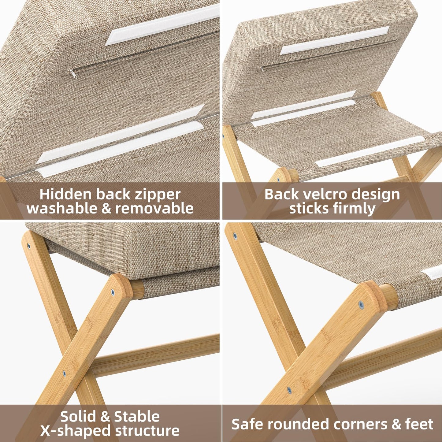 BAMBOOHOMIE Foldable Foot Stool Ottoman, Modern Foot Rest with Bamboo X Legs & Thick Foam Cushion, Folding Foot Stools Small Padded for Bedroom Living Room, Makeup Vanity Stool Chair (Natural - Brown)
