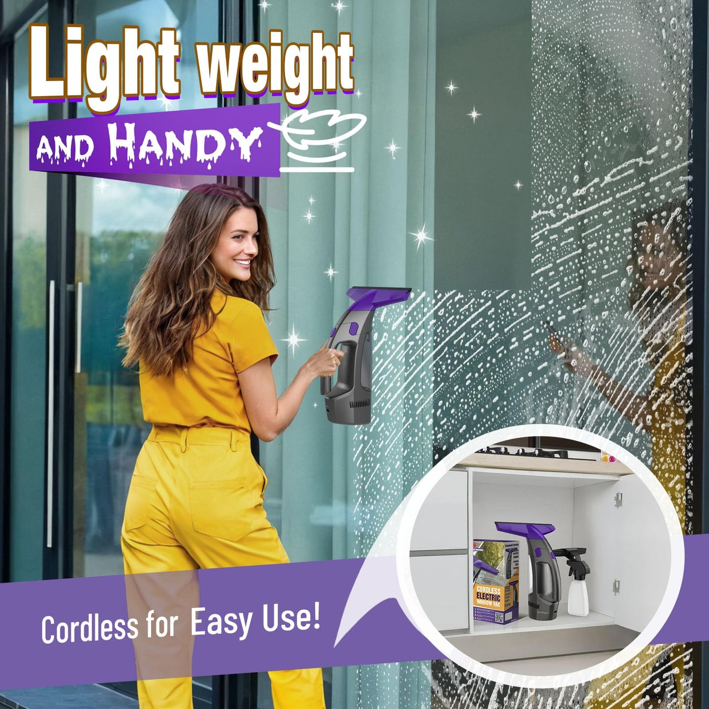 2000Pa and 2500mAh Electric Window Cleaner Tool with Gloves and 2 Cleaning Cloth, Window Vacuum Squeegee Cordless with 360ml Spray Bottle & 100ml Water Tank for Window, Mirror, Countertop, Tile