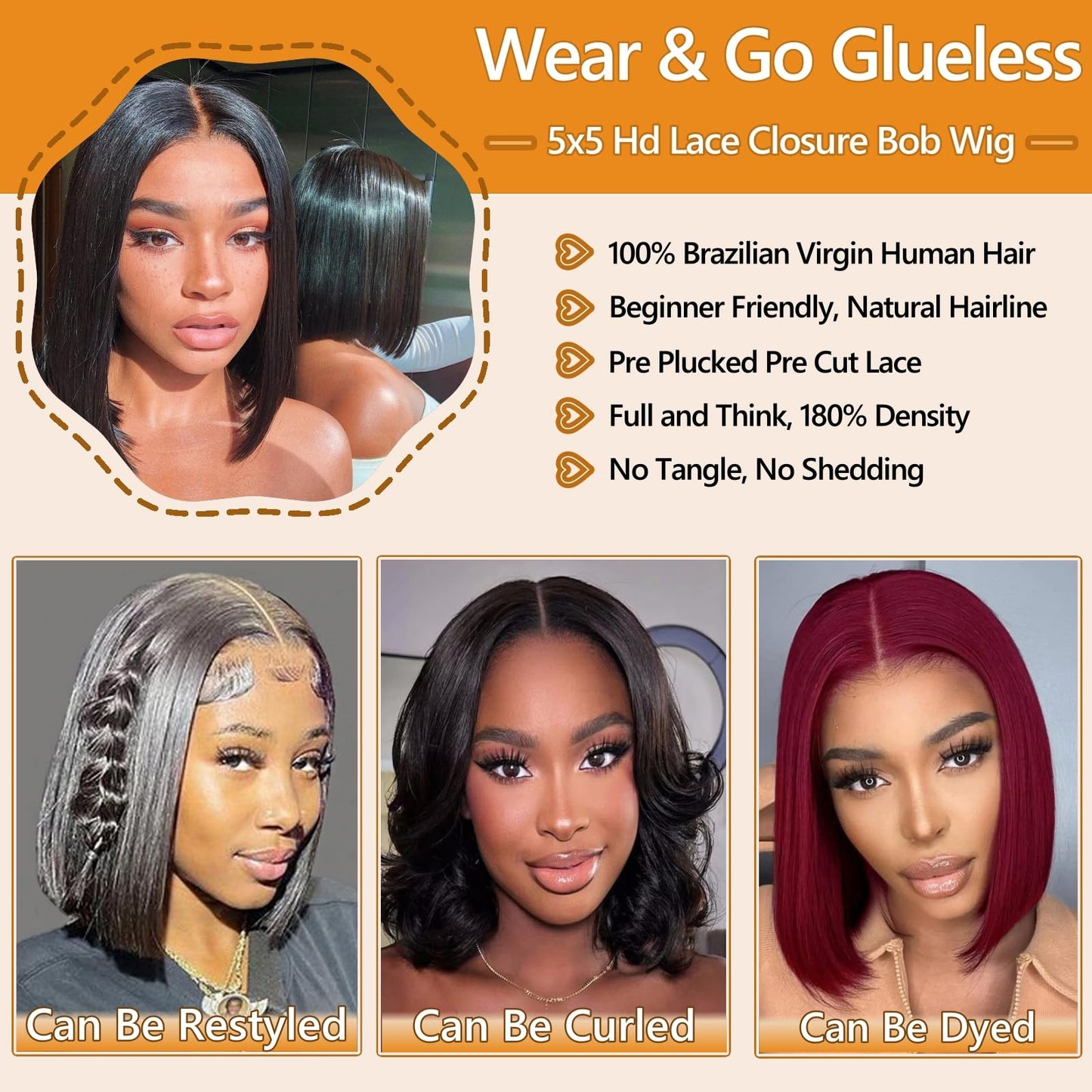 Bob Wig Human Hair Straight Glueless Wear and Go Pre Plucked Pre Cut 5x5 Hd Closure Bob Wig with Baby Hair Short Bob lace front Wigs for Women Brazilian Virgin Hair 180% Density Natural Black 14 Inch