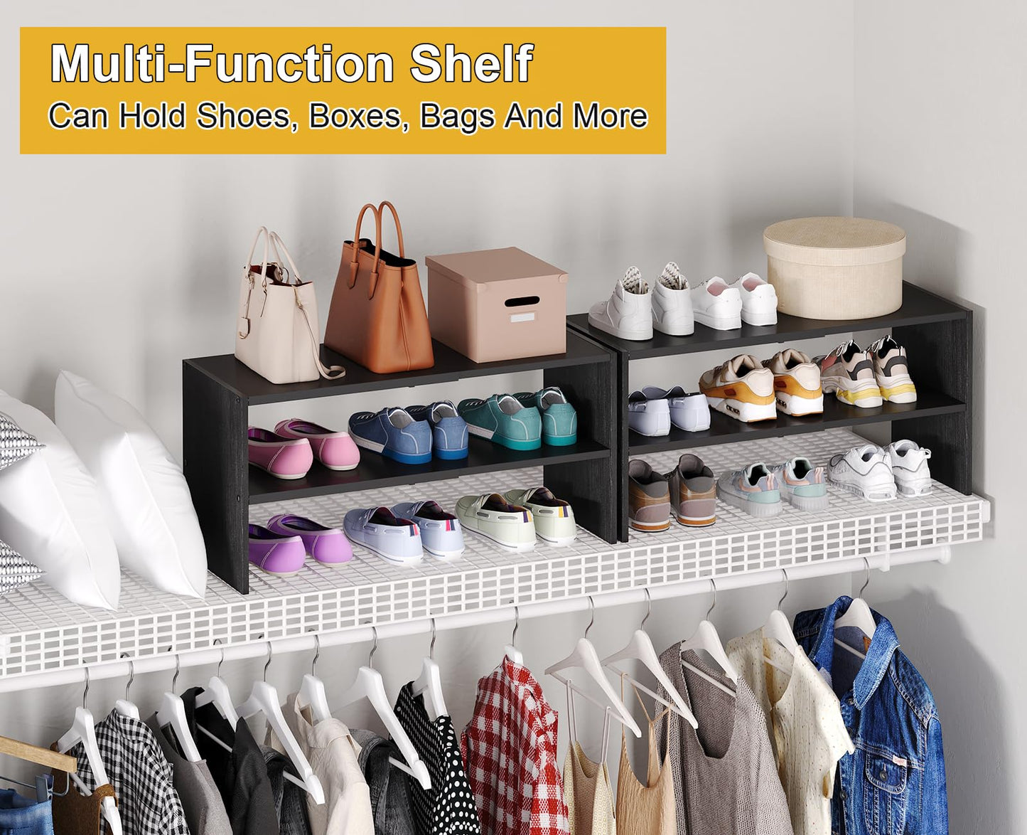 Black Shoe Rack Organizer for Closet, 2-Tier Expandable Shoe Shelf, Stackable Iron Wood Combination Small Shoe Racks Shelves for Closets, Entryway,Small Space,Hallway,Garage,6-12 Pairs