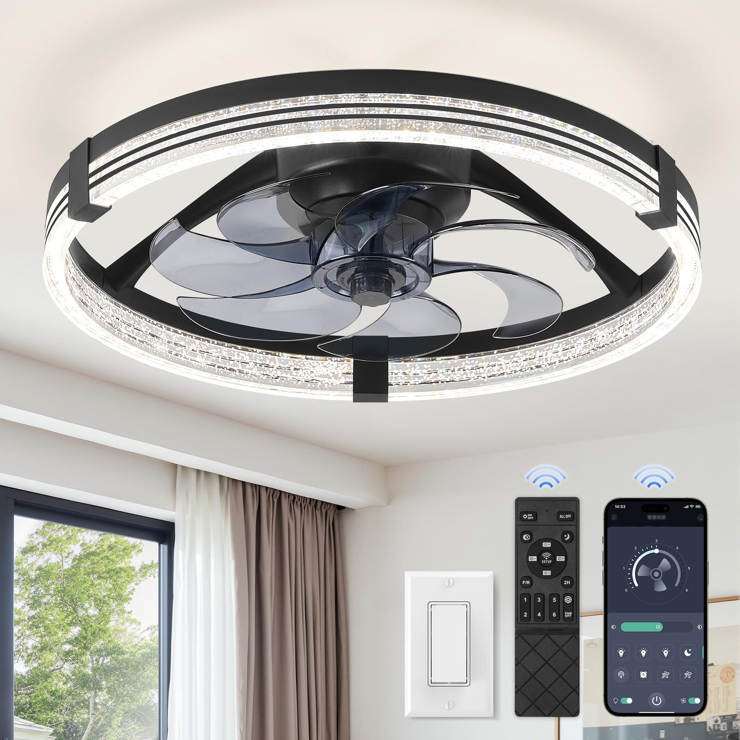 ZMISHIBO Low Profile Ceiling Fans with Lights, Flush Mount Modern Ceiling Fan and Remote Control, 20" LED Ceiling Fans, Stepless Dimmable 3 Colors and 6 Speeds (Black, 20")