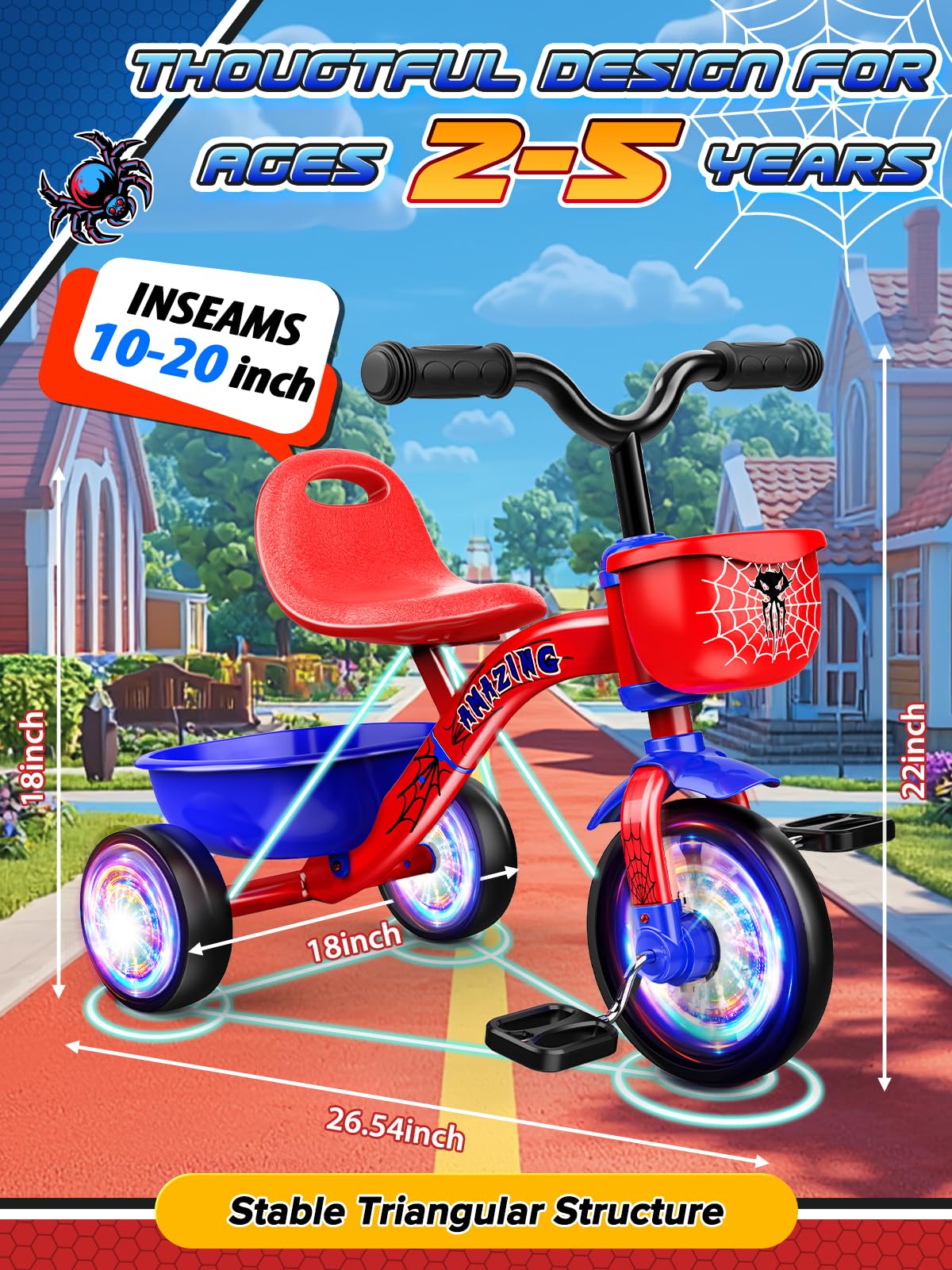 Tricycle Spider Bike Baby Balance with Colorful Lighting Wheels & Large Basket