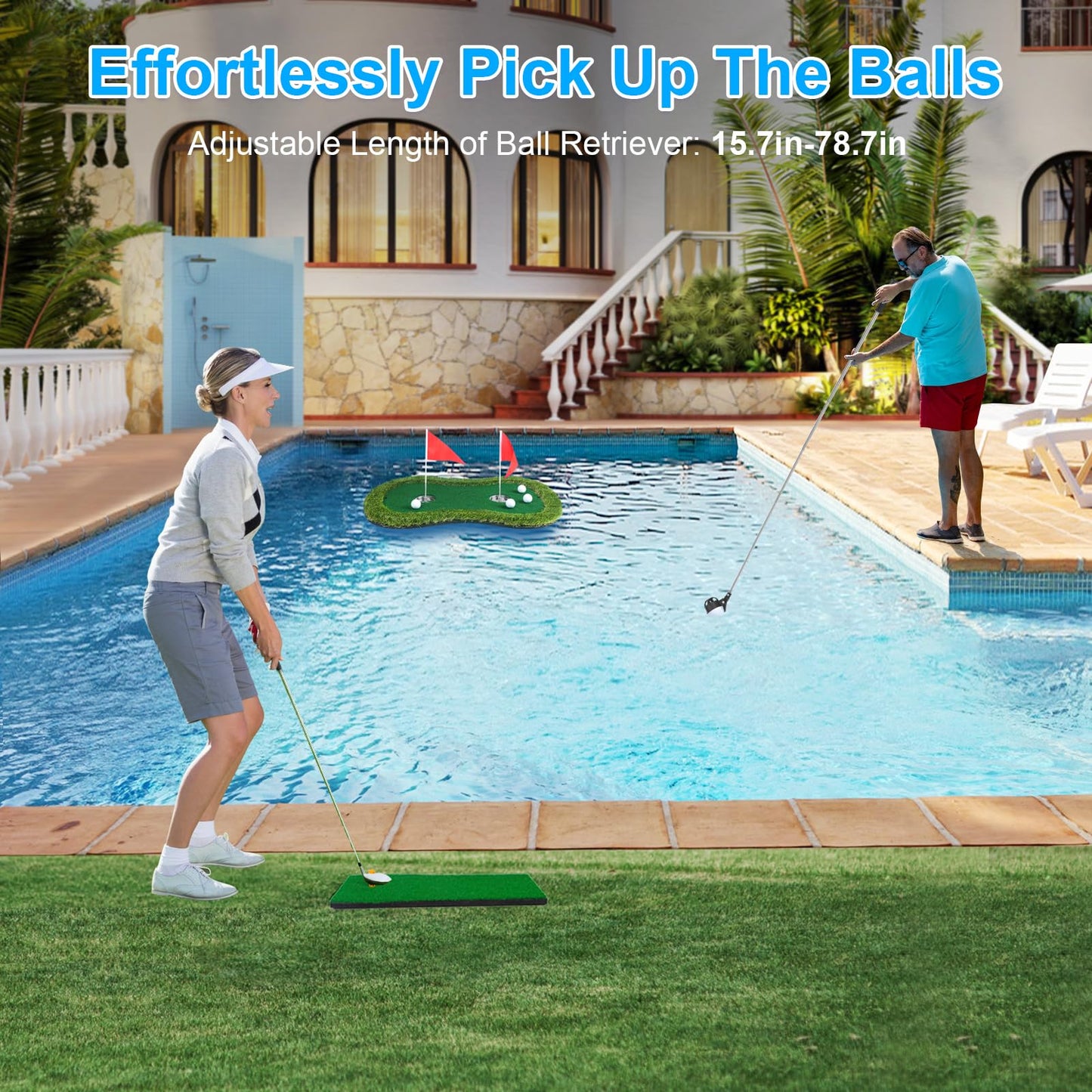 Chriiena Floating Golf Green for Pool/Lake, Floating Chipping Mat with Ball Retriever & Anti-Drift Ropes - Stable Golf Putting Practice Game Set for Golfers (35.4x23.6 in)