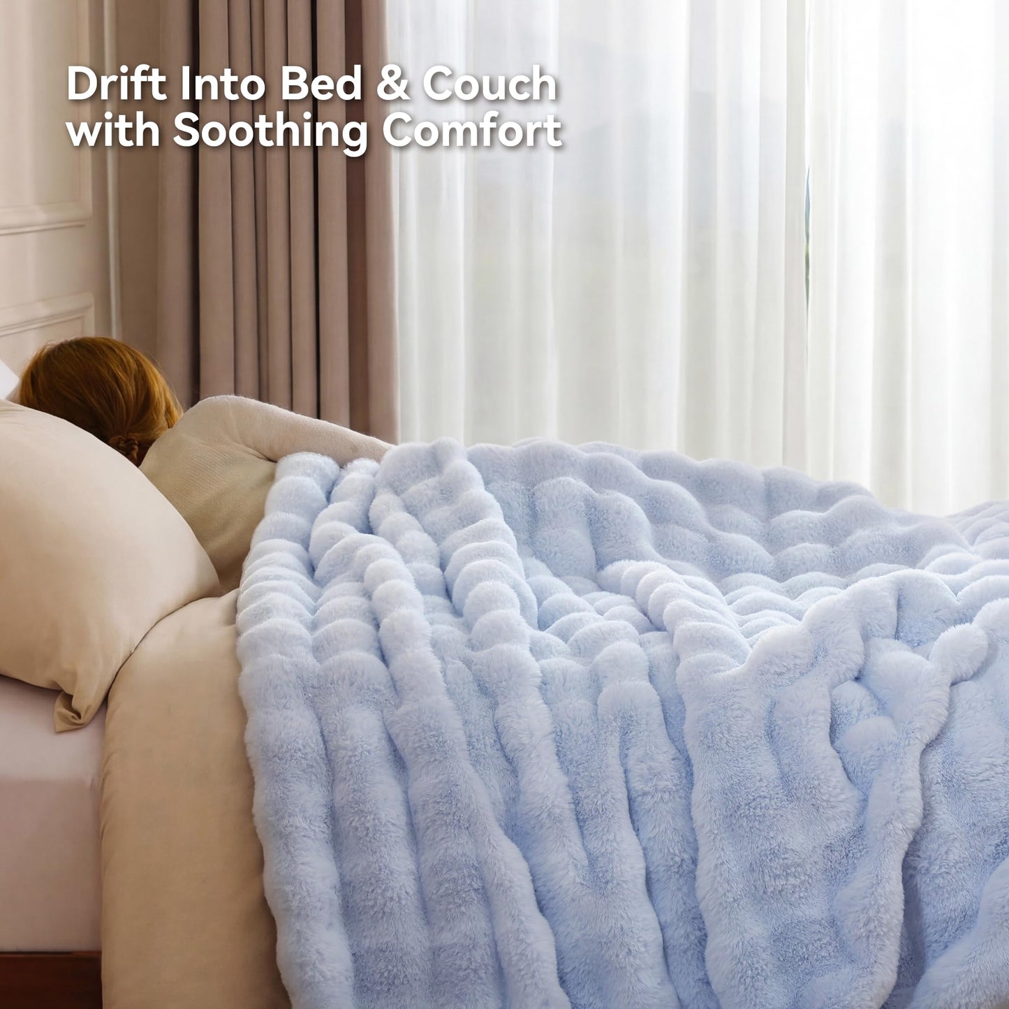 Smoofy Faux Fur Throw Blanket for Couch - Light Blue Super Soft Cozy Bubble Blanket, Fluffy Plush Fuzzy Throw for Sofa & Bed, Thick Lightweight Warm Blanket, Luxury Aesthetic Gift for Women 50"x60"
