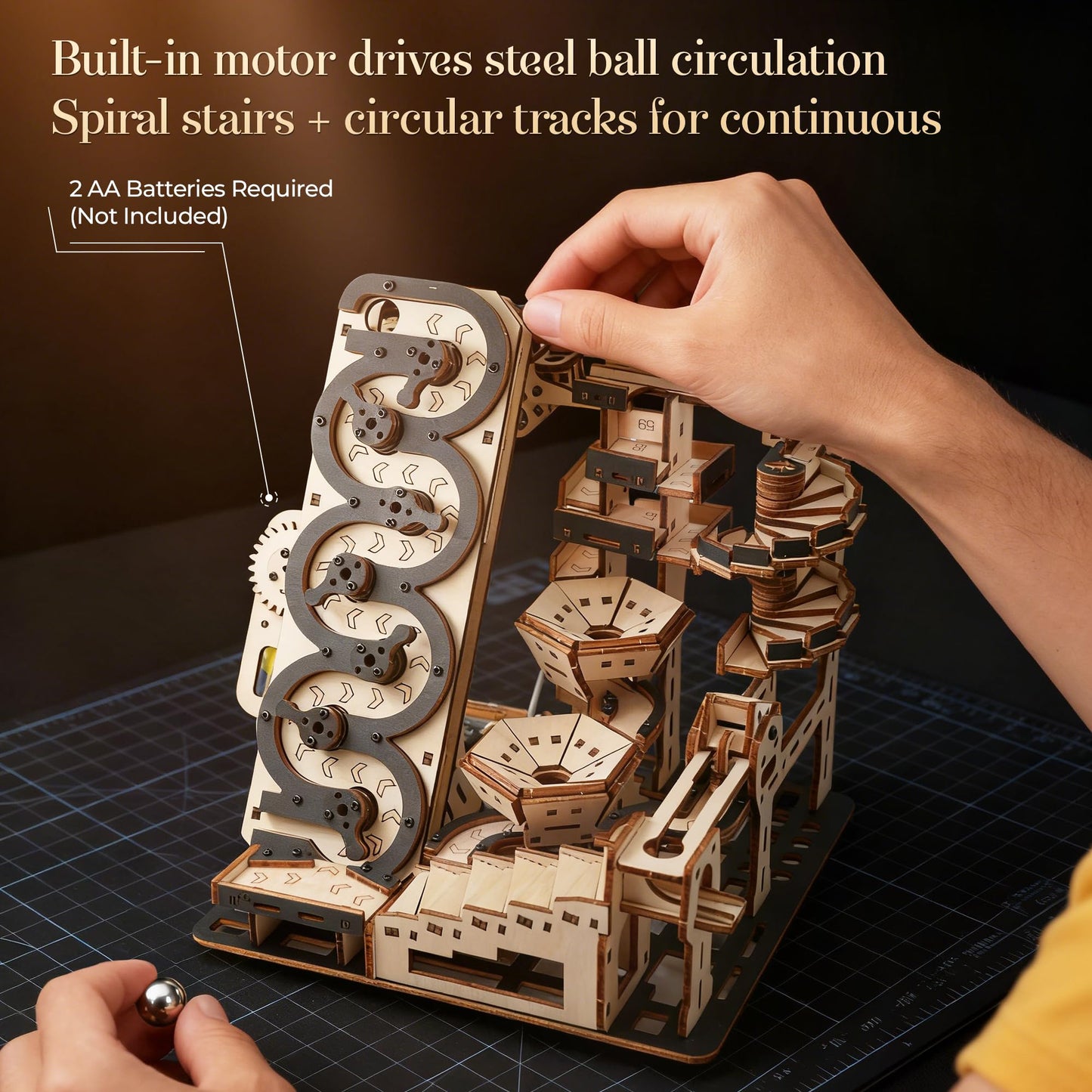 WDPINTU Electric 3D Wooden Kinetic Art - Automated Rolling Ball Maze Building Kit for Adults & Teens. DIY Mechanical Puzzle, STEM Project, Zen Home Office Decor & Brain Teaser Gift