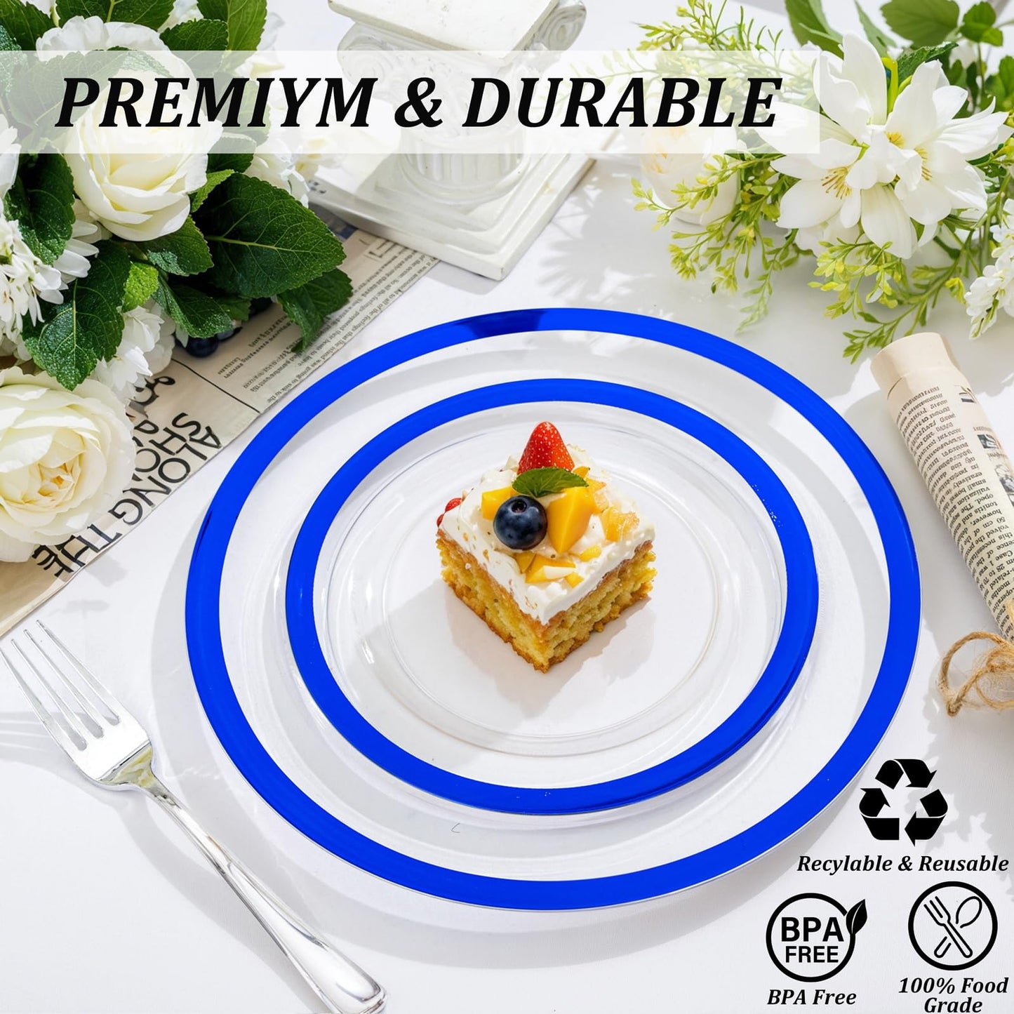 U-QE 120pcs Blue Plastic Plates for Party - Clear and Blue Disposable Plates Heavy Duty - Includes 60 10" Dinner & 60 7" Dessert Plates for Party, Birthday & Wedding