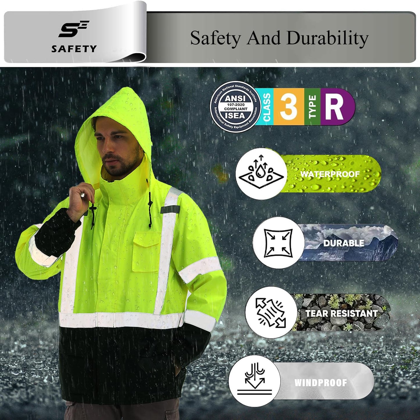 High Vis Rain Jacket, Rain Suits for Men Waterproof with Black Bottom, Class 3 Rain Coats for Men Interior Mesh, High Visibility Rain Gear, Removable Hood Orange (4XL/5XL)