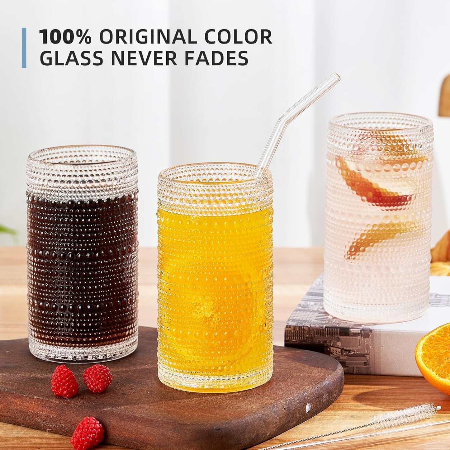 GDCCI 16oz Hobnail Drinking Glasses Set of 6, Vintage Large Capacity Embossed Clear Tumblers, Highball Glasses for Water, Cocktail, Beer, Whiskey, Juice & Bar Use