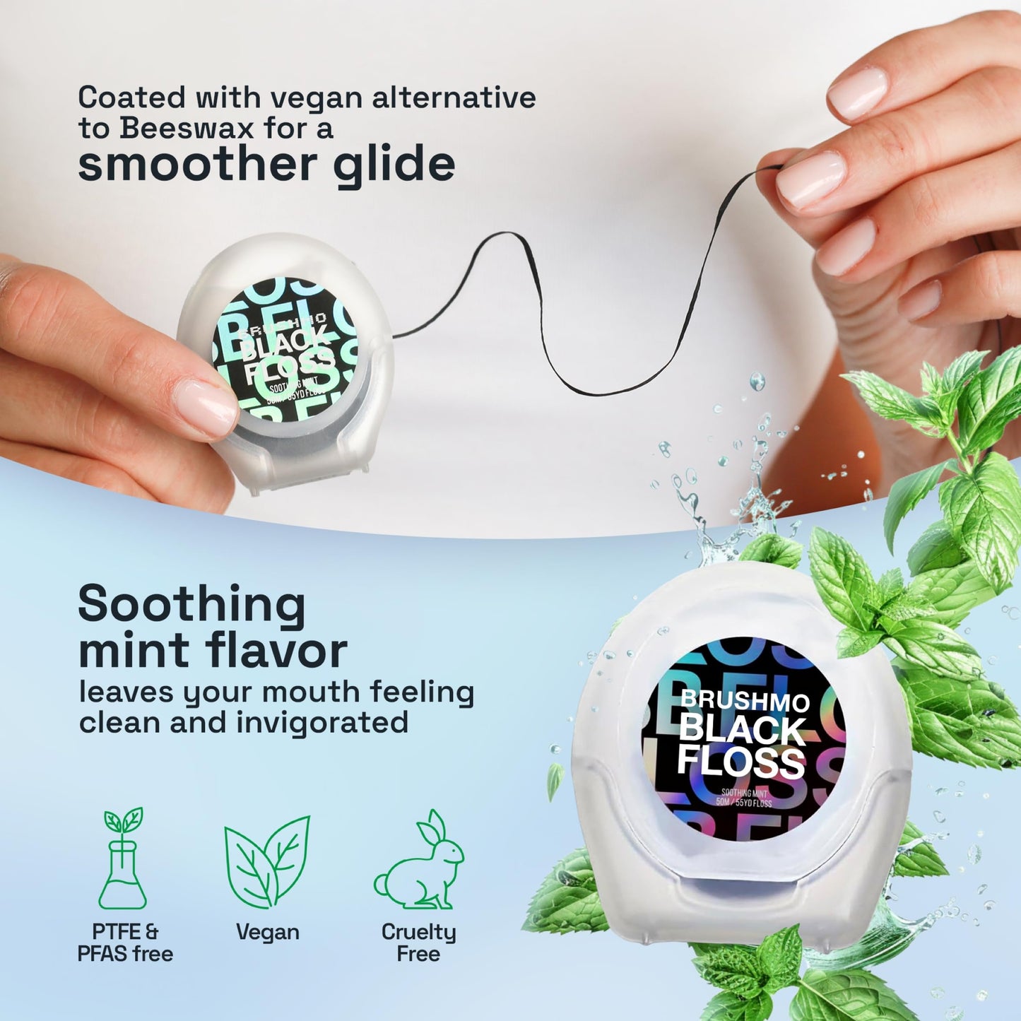 Brushmo Black Floss (BB Floss) - Expanding Gum-Friendly Soothing Mint Dental Floss, Natural Wax Helps Remove Plaque from Teeth, US-Dentist Designed PTFE & PFAS Free Oral Care, 5 Spools, 275 yd, Vegan