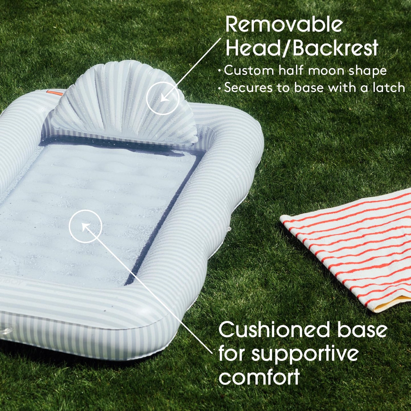 FUNBOY Blue Stripe XL 72"x48" Luxury Inflatable Tanning Pool Lounger Float for Adults, with Custom Pillow, Large Cup Holder & Handles, for Backyard, Beach & Lake Summer Outdoor Use