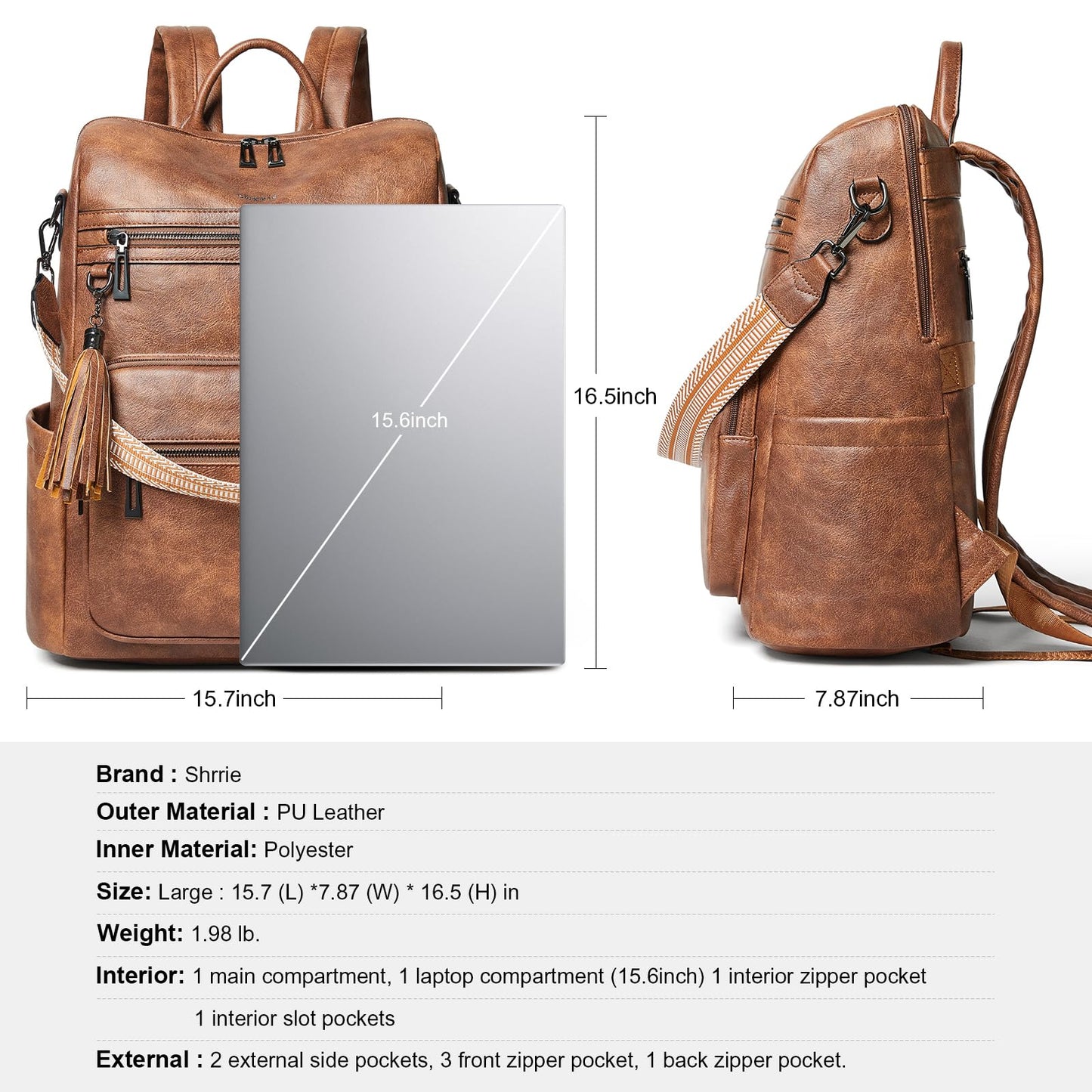 Shrrie 15.6 inch Laptop Backpack for Women,Large Leather Backpack Purse,Travel,Carry on,Water Resistant Casual Laptop Backpacks,College Backpack,Work Backpack for Women,Two-toned Brown