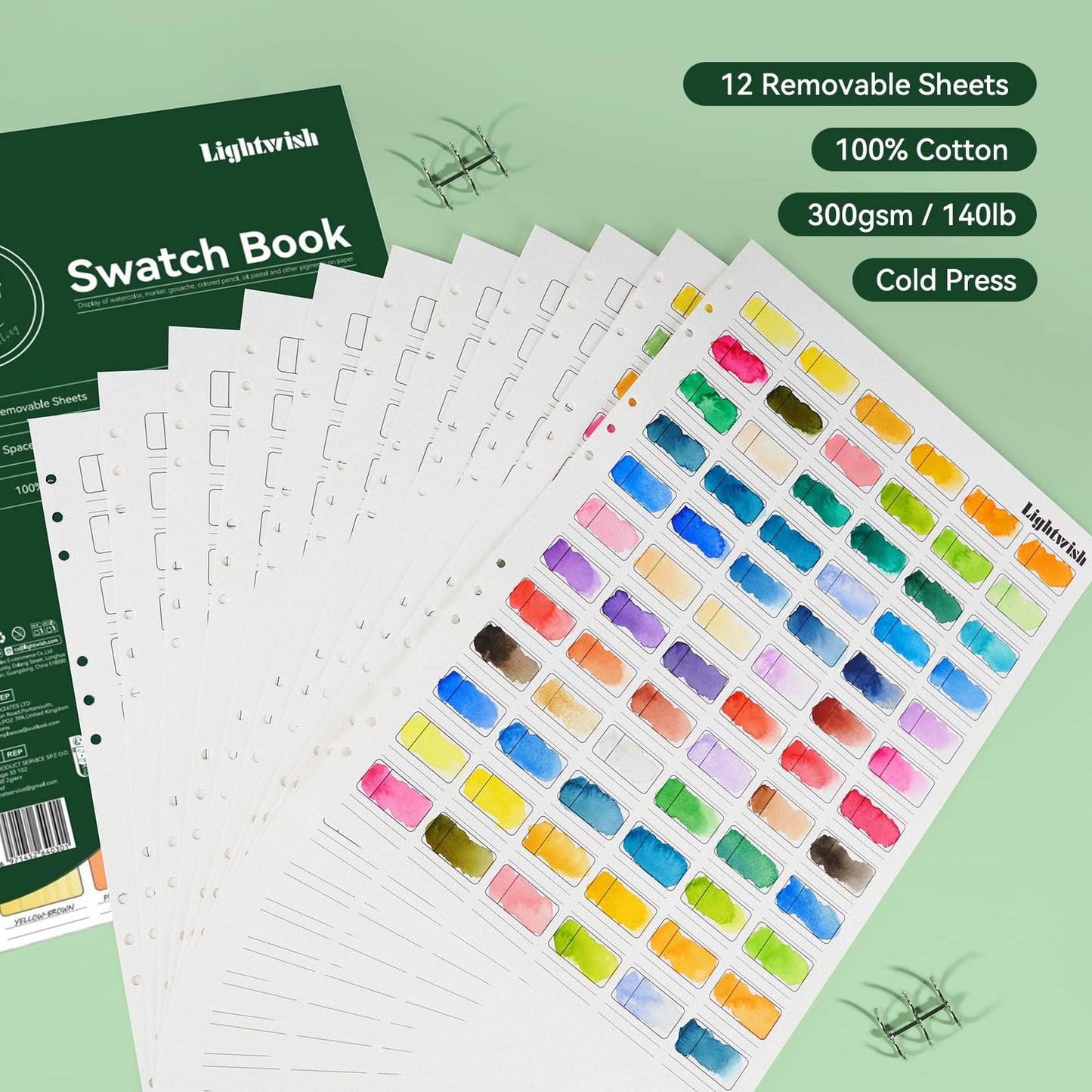 LIGHTWISH Watercolor Swatch Book - 12 Detachable 100% Cotton Sheets 72 Spaces,15.35 * 10.63 In,300gsm/140lb Cold Press for Watercolor, Gouache, Oil Pastels - Spiral-Bound Color Testing Journal