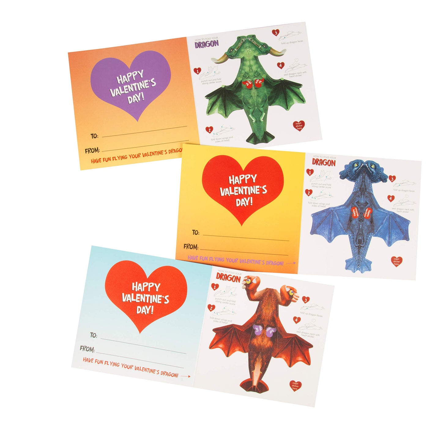 Flying Dragons Valentines Day Cards for Kids, 28 Card Pack & Envelopes - Fold and Fly Paper Airplanes - Great for School Classroom Parties - Boys & Girls ages 4+