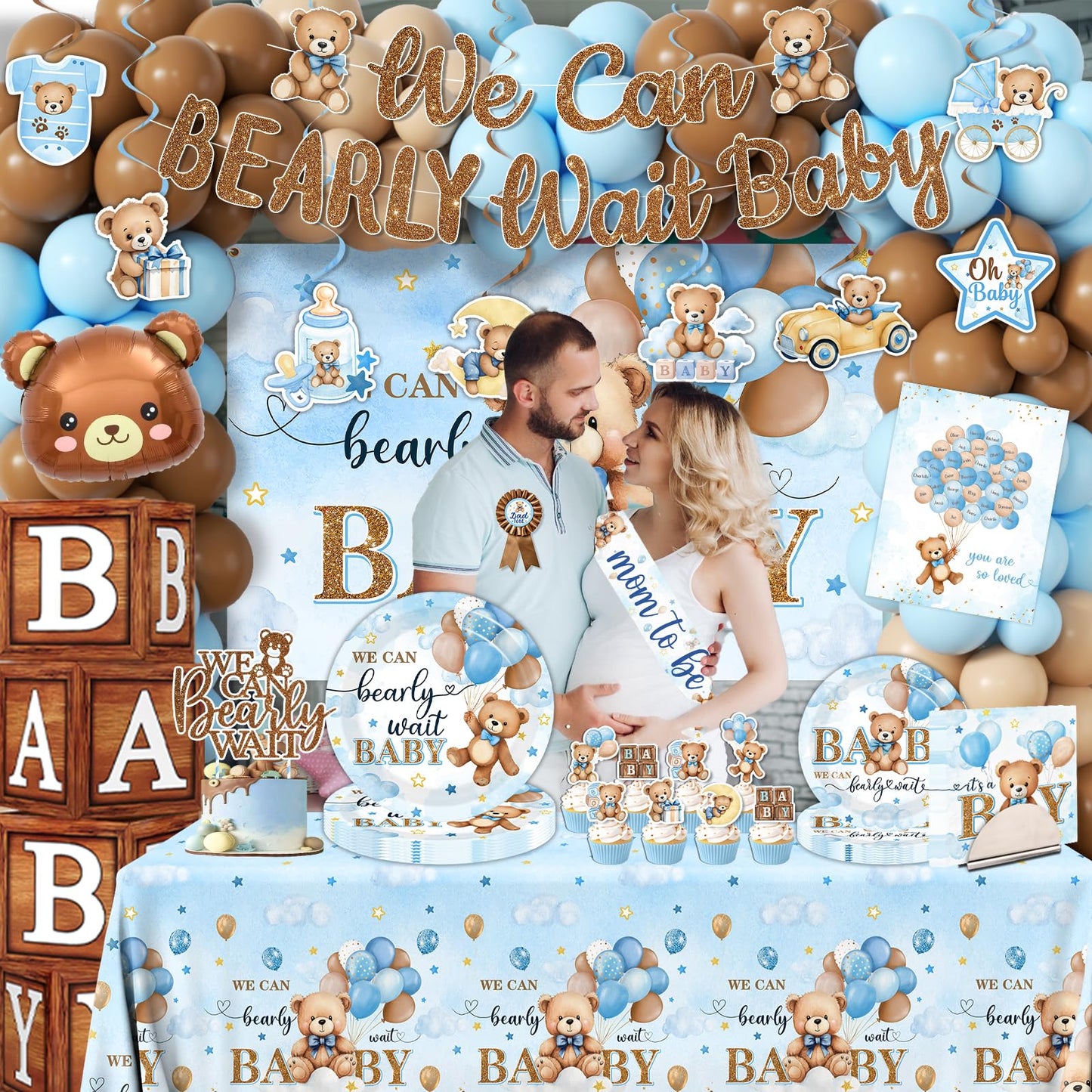 Blue Bear Baby Shower Decorations for Boy, All-in-1 Bear Party Decorations with Balloon Arch Kit Wood Grain Baby Boxes Plates Napkins Cake Toppers Tablecloth Backdrop Blue and Brown Baby Shower Decor