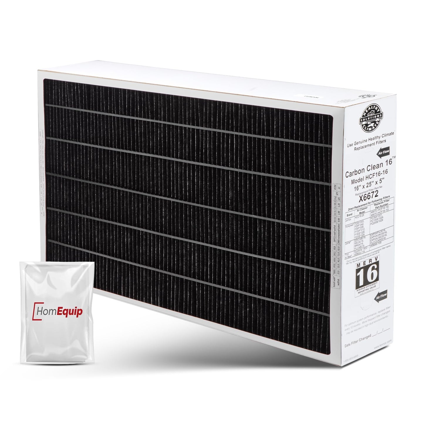 Lennox 16x25x5 Furnace Filter, X6672 Filter Replacement, Merv 16 Carbon Clean Filter Media with Homequip Disposal Bag 1-Pack (Actual Size: 15.8 x 24.8 x 4.3 Inches)