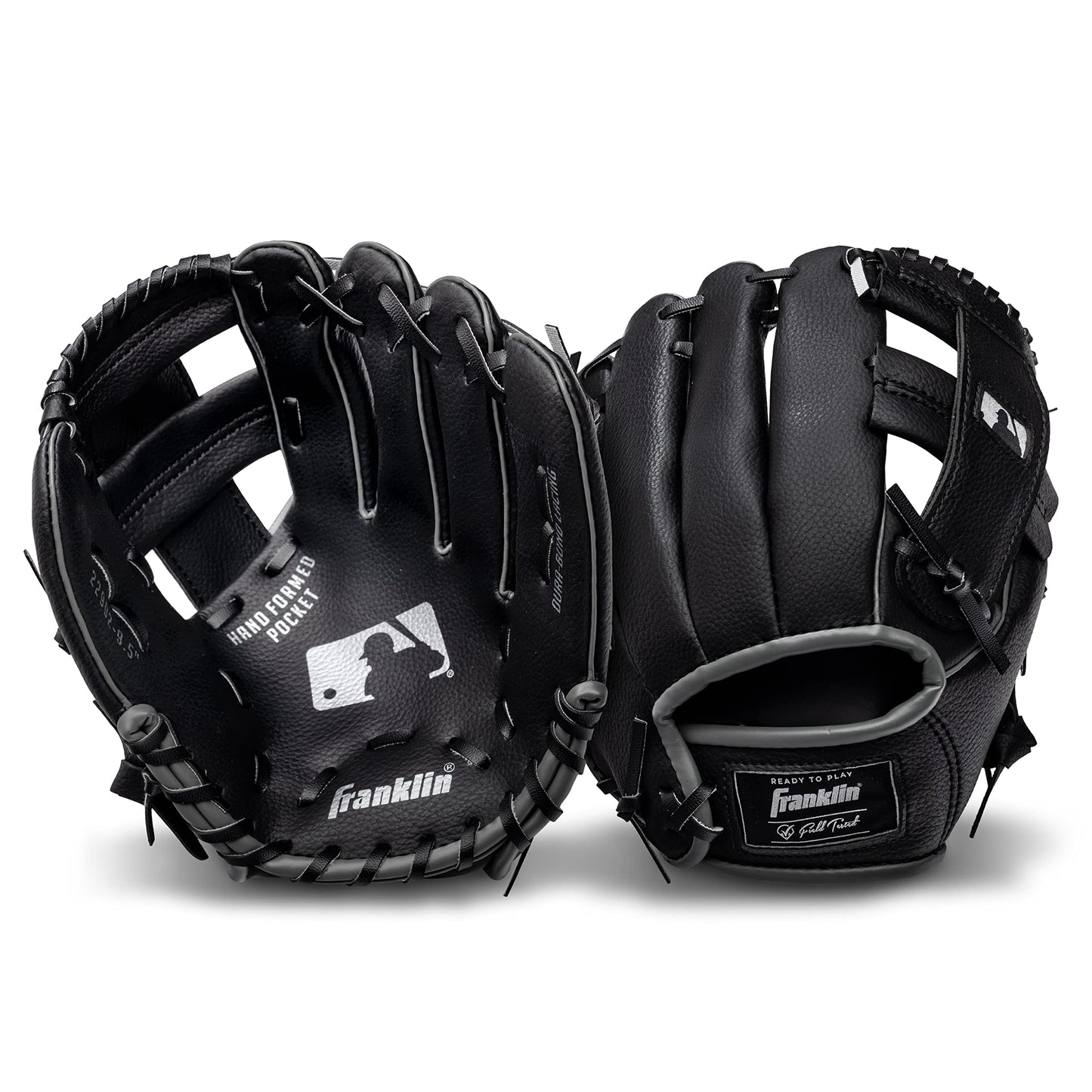 Franklin Sports Tee Ball Glove - RTP Fielding Glove - MLB® Synthetic Leather Baseball Glove - Ready to Play Glove (RTP) - 9.5 Inch Right Hand Throw - MLB® Black with Ball