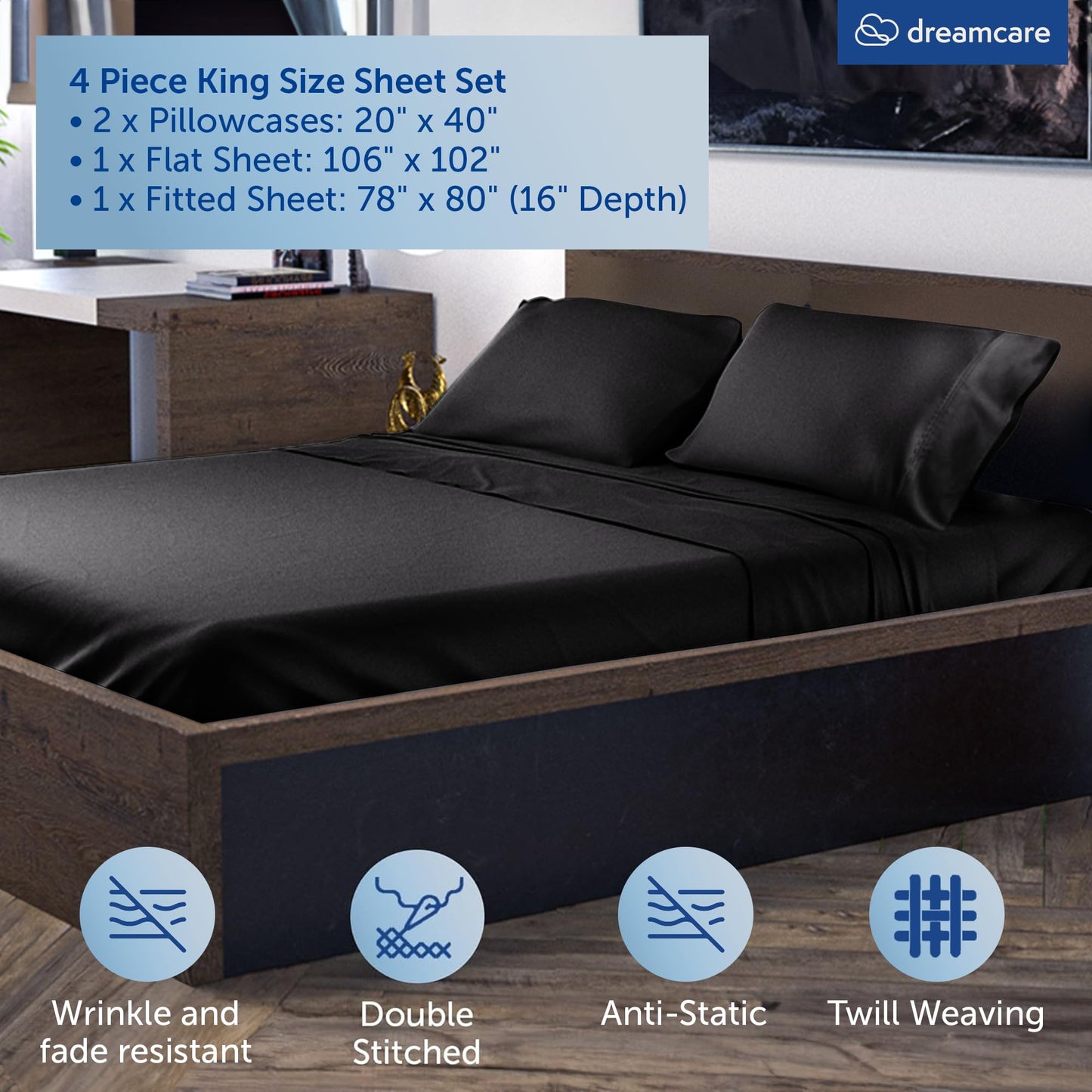 DREAMCARE 100% Viscose from Bamboo Sheets King Size - 4 Pc Luxury Cooling Sheets for Hot Sleepers, King Size Bed Sheets Set, Viscose from Bamboo Sheets Set, Black