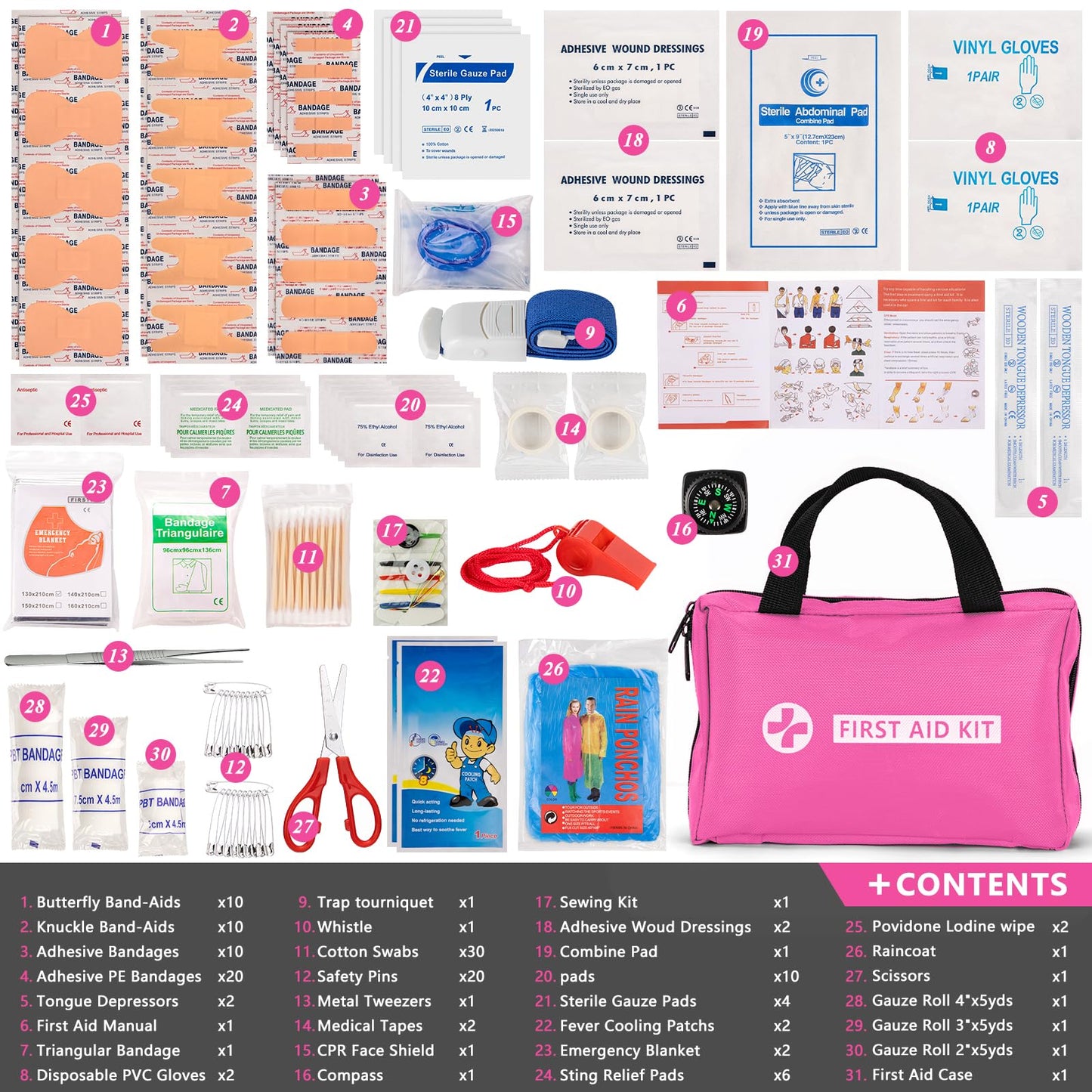 HLWDFLZ Car Emergency Kit with Portable Air Compressor - Roadside Assistance Emergency Kit with Jumper Cables, First Aid Kit, Auto Tool Set, Winter Safety Kit for Women, Men, Teen (Pink)