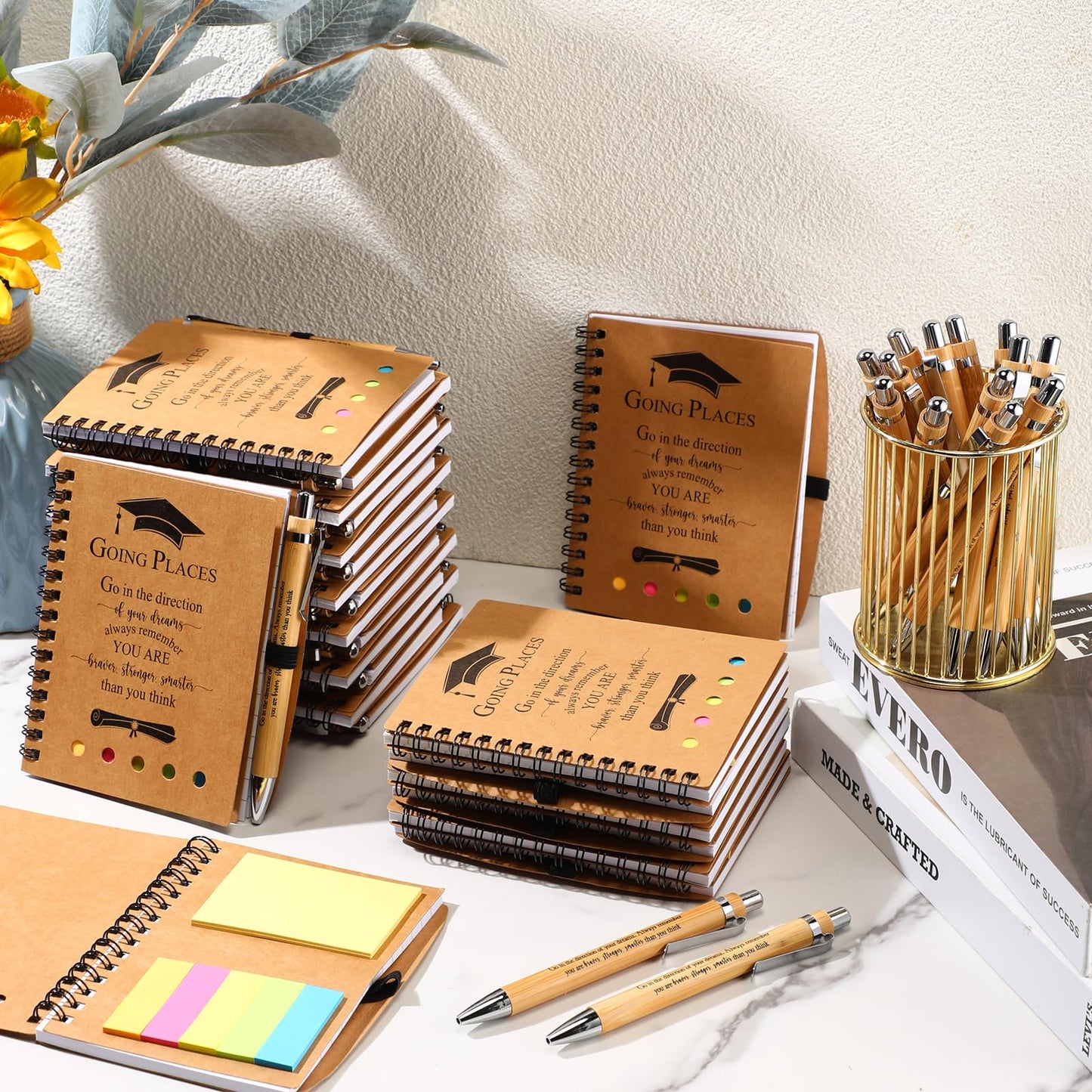 Dinifee 20 Set Graduation Gift Bulk 2026 Inspirational Spiral Kraft Notebook with Sticky Note Bamboo Ballpoint Pen Notepad for Graduation Party Favors Teacher Graduate