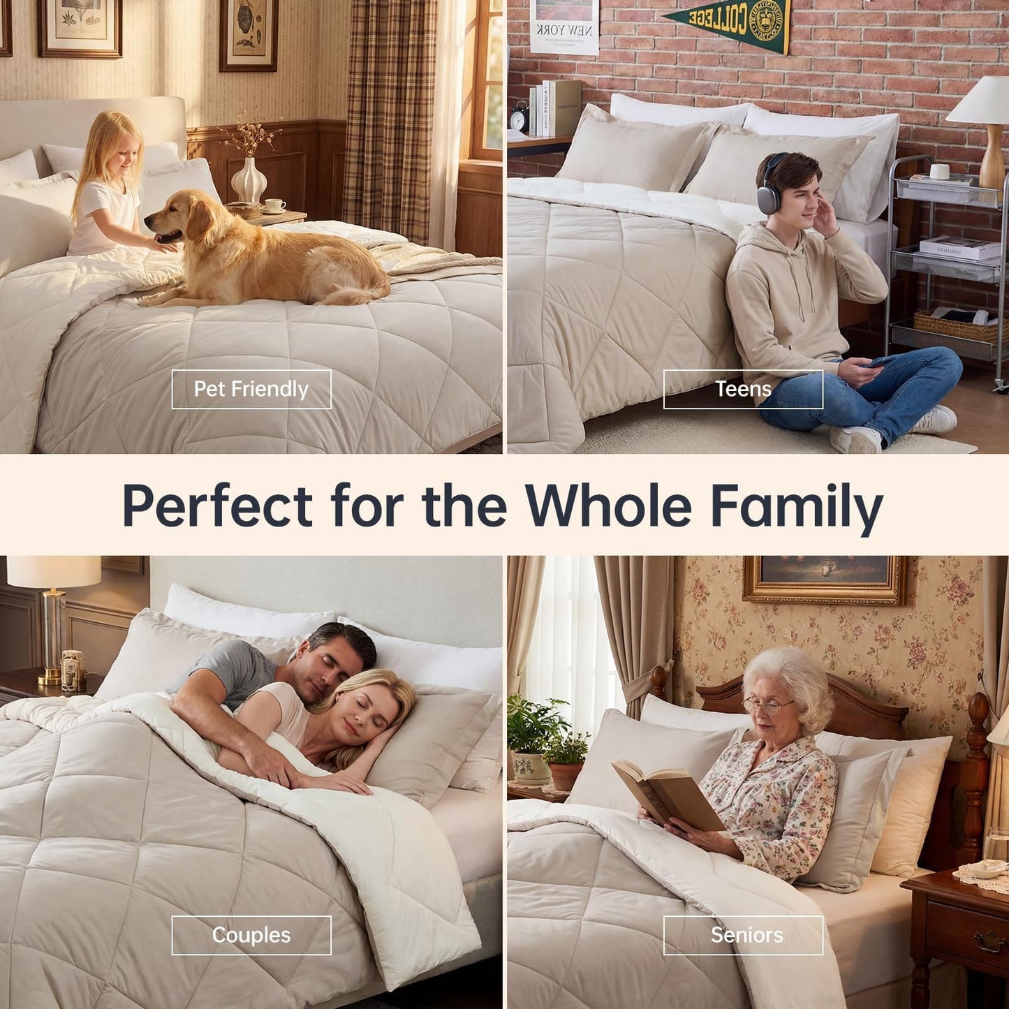 JOLLYVOGUE King Size Comforter Set, Soft Reversible Bedding for All Seasons, 3 Pieces Down Alternative Bed Set Includes 1 Lightweight Comforter (104"x90") and 2 Pillow Shams (20"x36"), Beige & Ivory