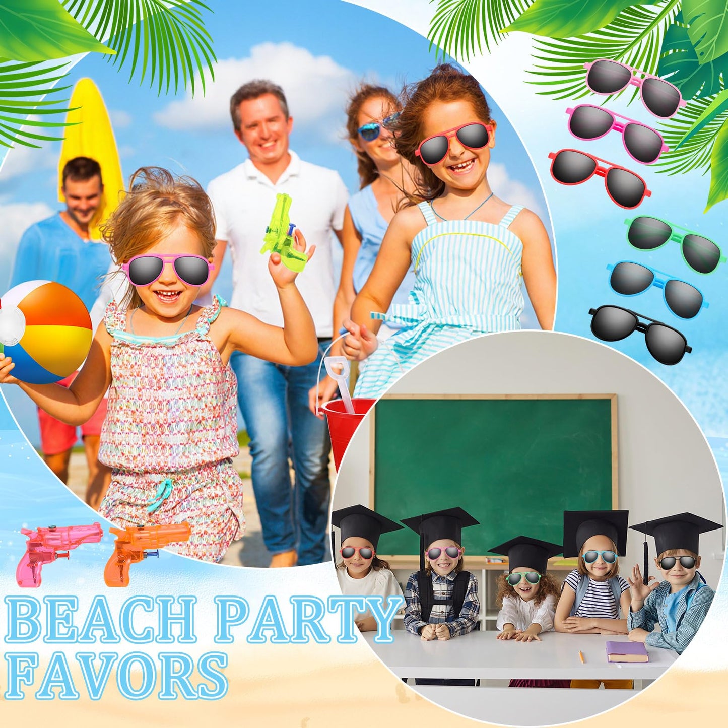 Threan 144 Pcs End of Year Students Gifts from Teacher Bulk Beach Party Favors Include Sand Buckets Bulk Beach Balls Shovels Sunglasses Water Gun Blessing Card for Summer Party Favors(Elliptical)