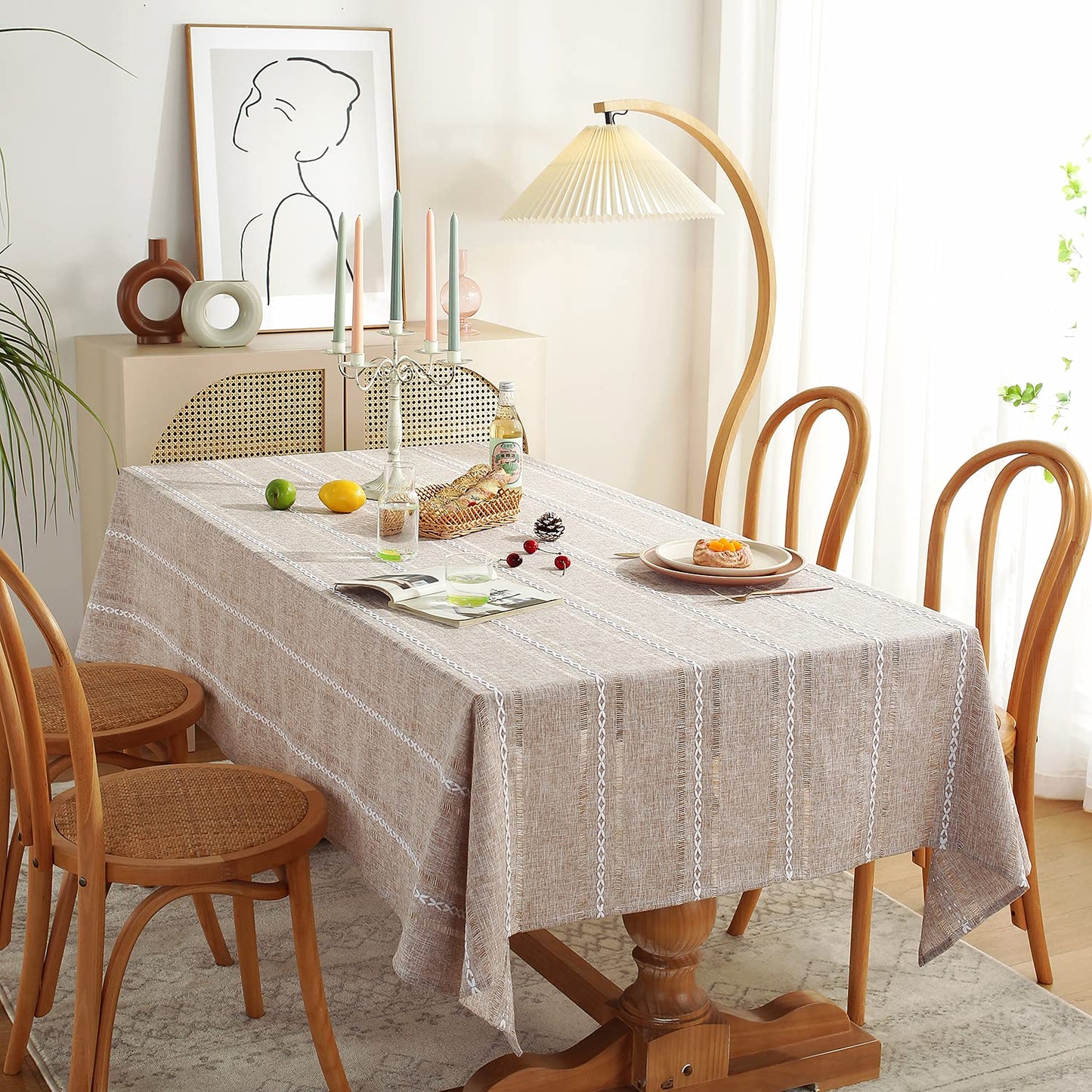 Chassic 60 x 104 inches Farmhouse Style Linen tablecloths, Wrinkle Resistant Washable Dining Room Table Cloths for 6 Foot Rectangle Tables - Hemstitch Light Coffee
