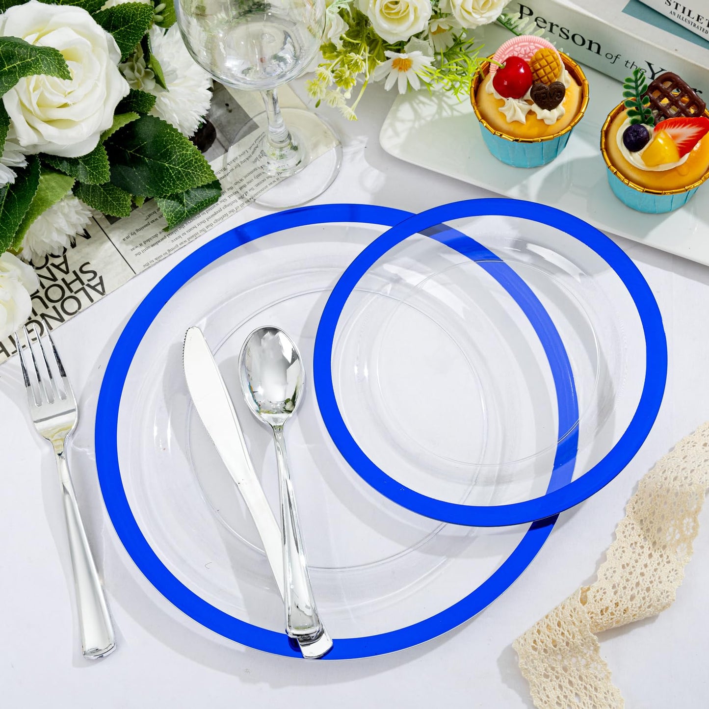 U-QE 120pcs Blue Plastic Plates for Party - Clear and Blue Disposable Plates Heavy Duty - Includes 60 10" Dinner & 60 7" Dessert Plates for Party, Birthday & Wedding
